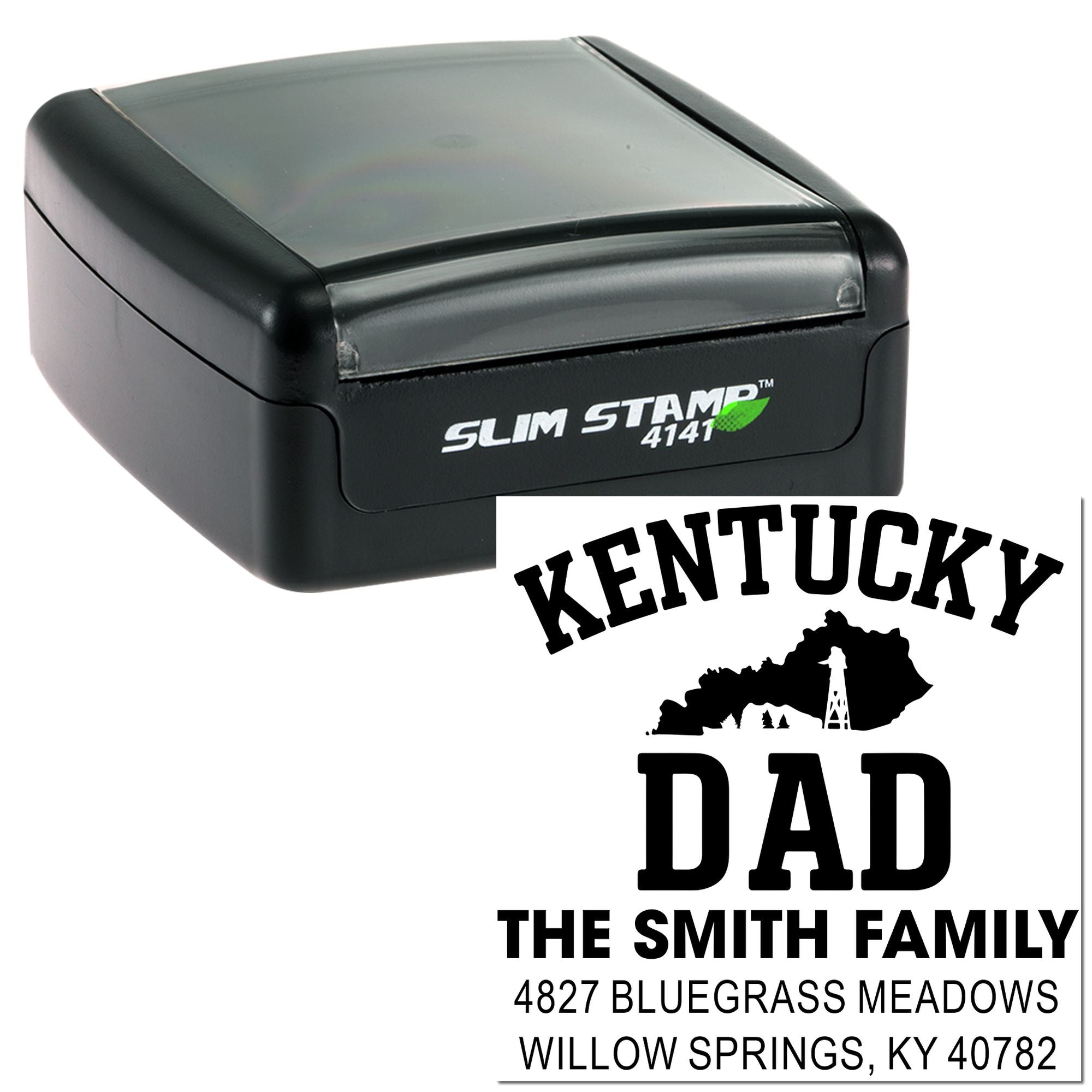Kentucky Dad custom self-inking rubber stamp with Slim Stamp 4141 case for personalized address marking and family mail.