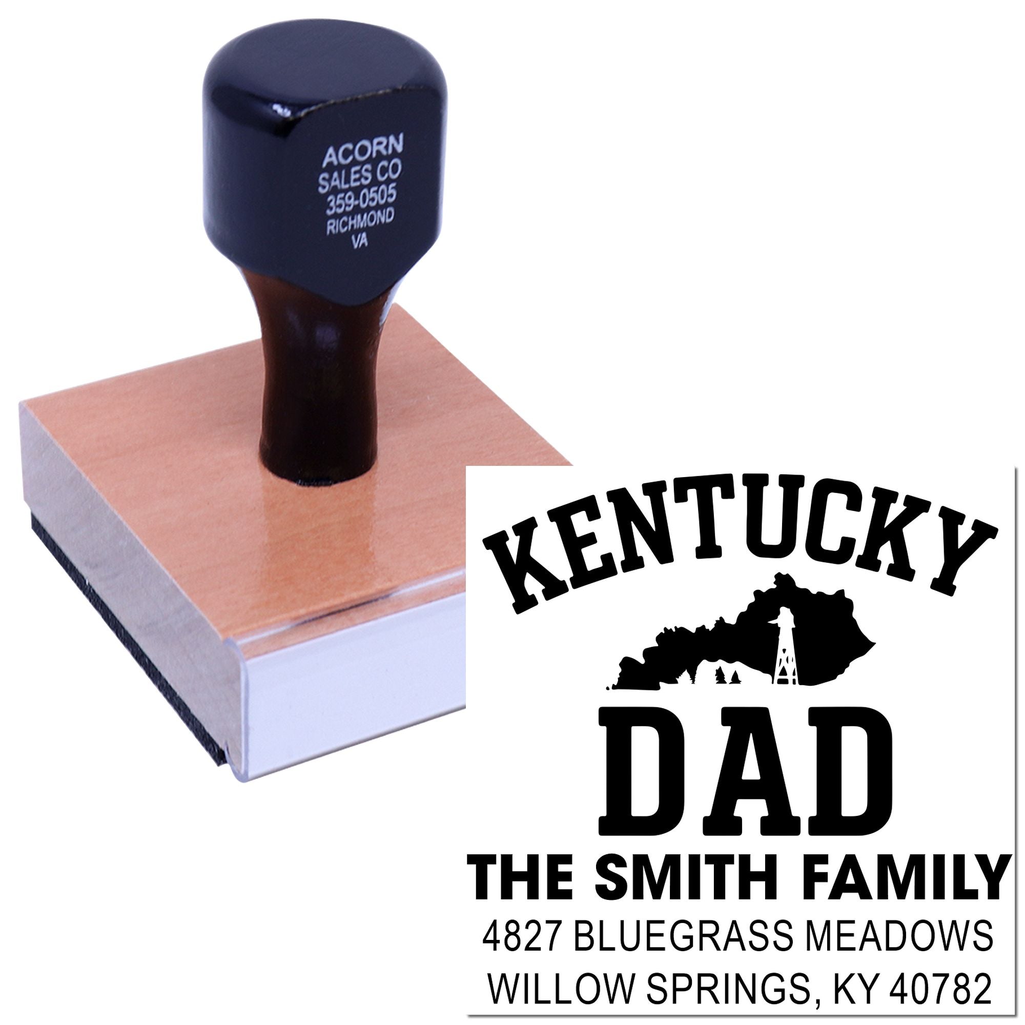Custom Kentucky family address rubber stamp for personalized mailings, featuring Kentucky Dad and the Smith family address.
