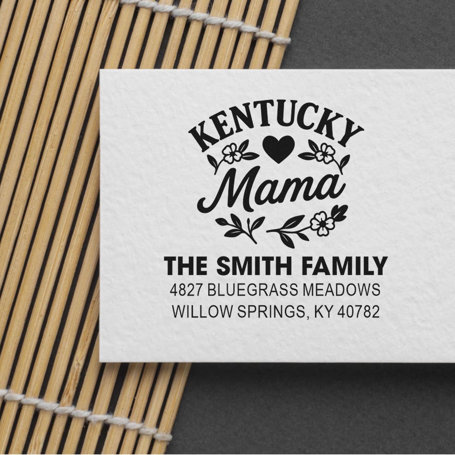 Custom Kentucky Mama address stamp with family name and return address for personalized mailings.