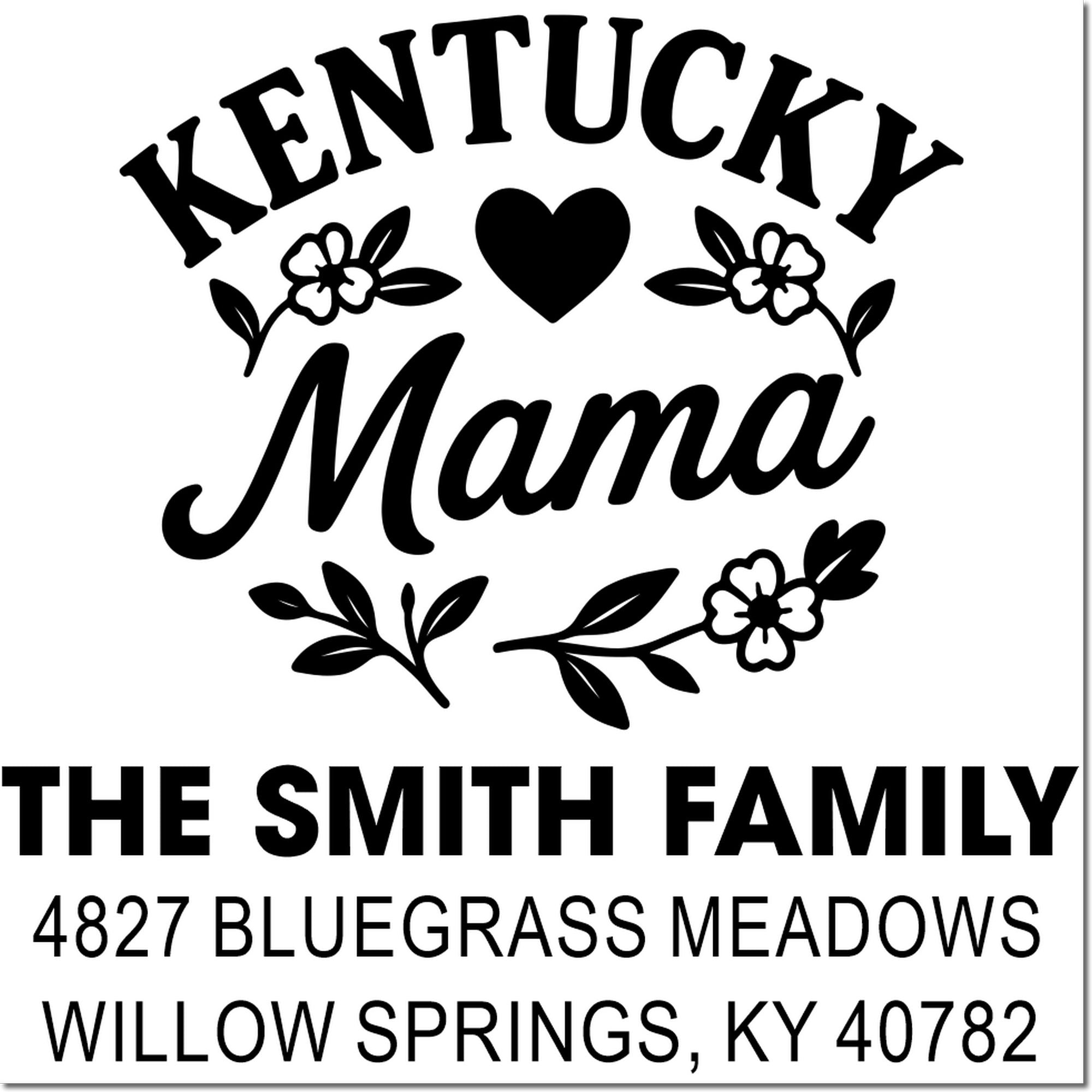 Personalized Kentucky Mama return address rubber stamp for The Smith Family, Willow Springs, KY
