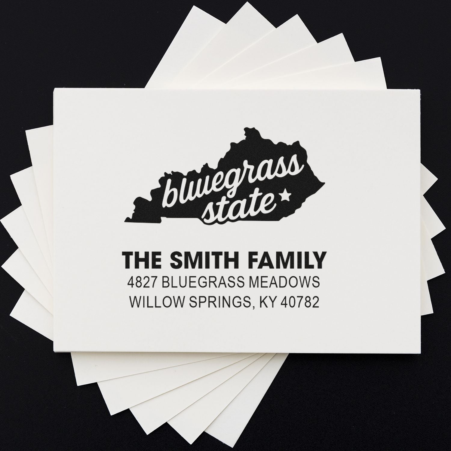 Custom Bluegrass State return address rubber stamp for The Smith Family, with Kentucky address.
