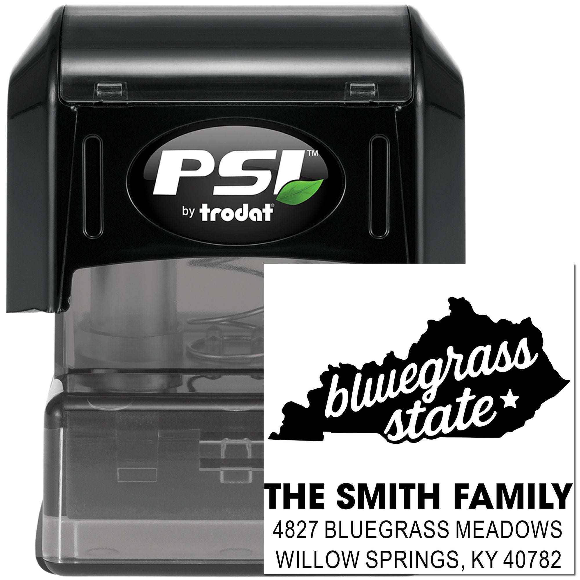 PSI by Trodat custom return address rubber stamp with Kentucky Bluegrass State design for personalized mailing use