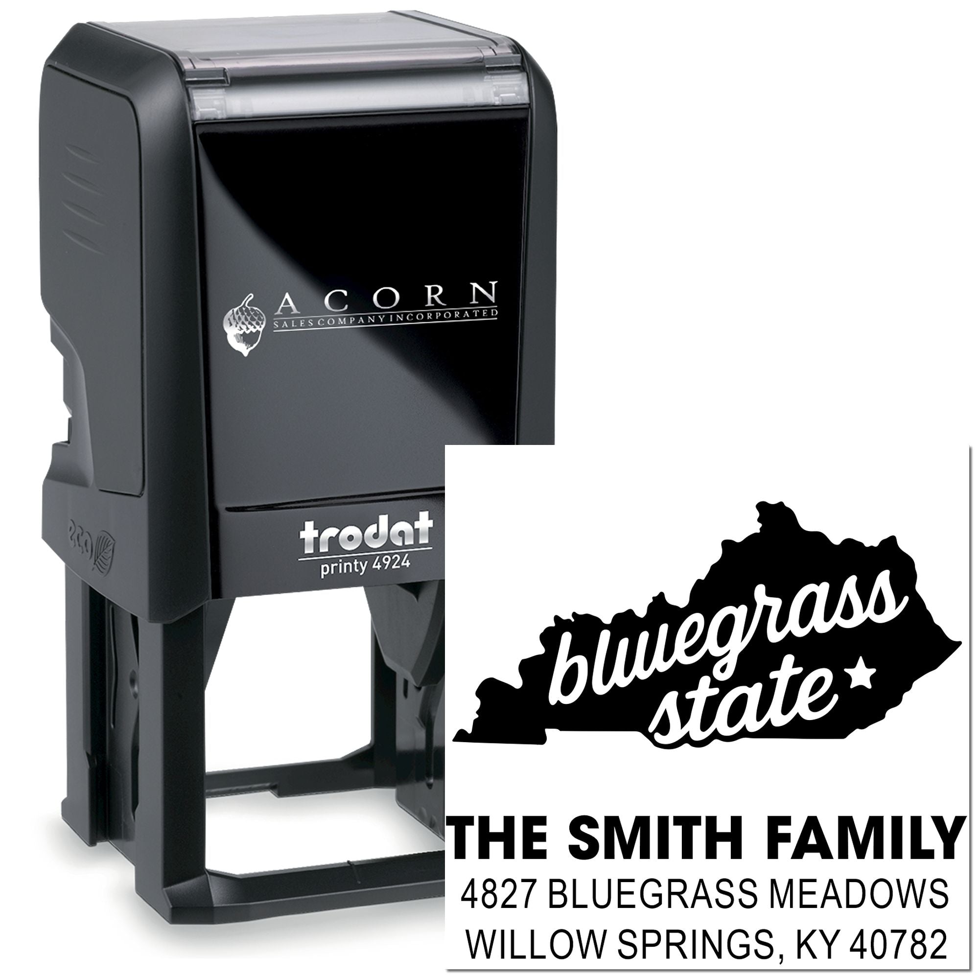 Custom self-inking rubber address stamp with Kentucky outline, family name, and return address for mailing.