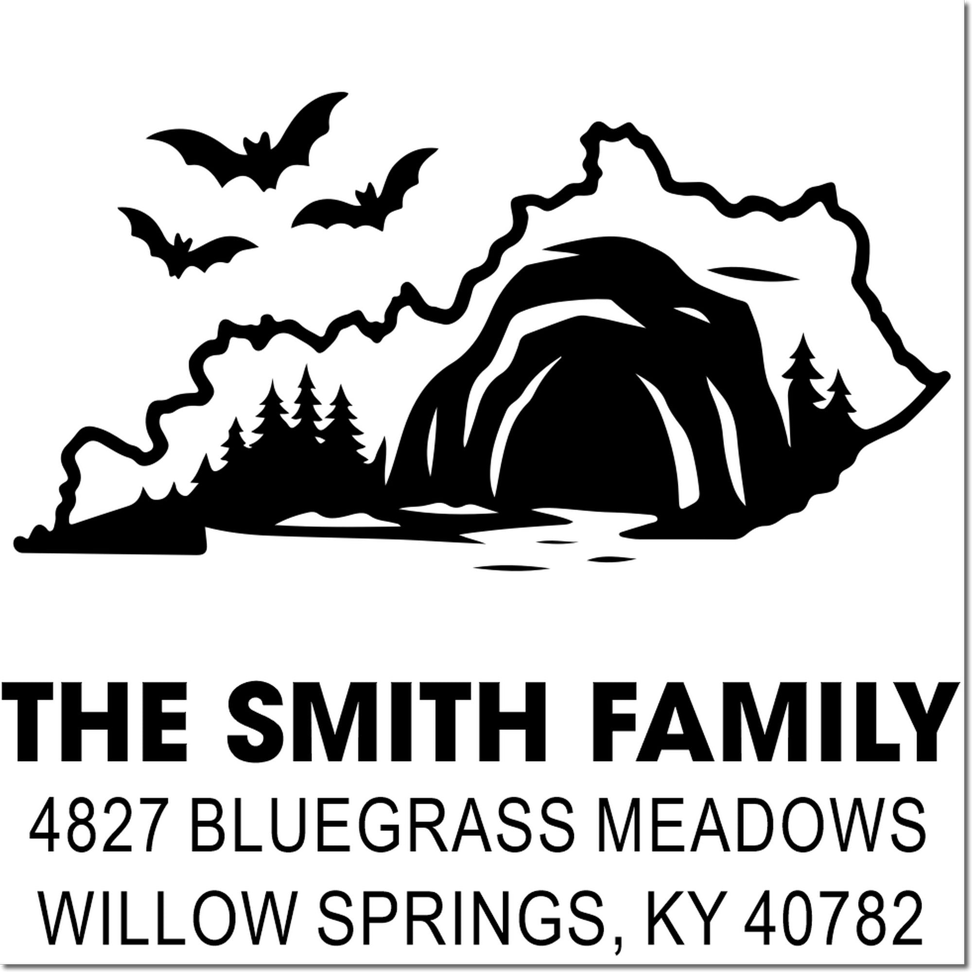 Custom return address rubber stamp with Kentucky cave and bats for The Smith Family, Willow Springs, KY 40782.