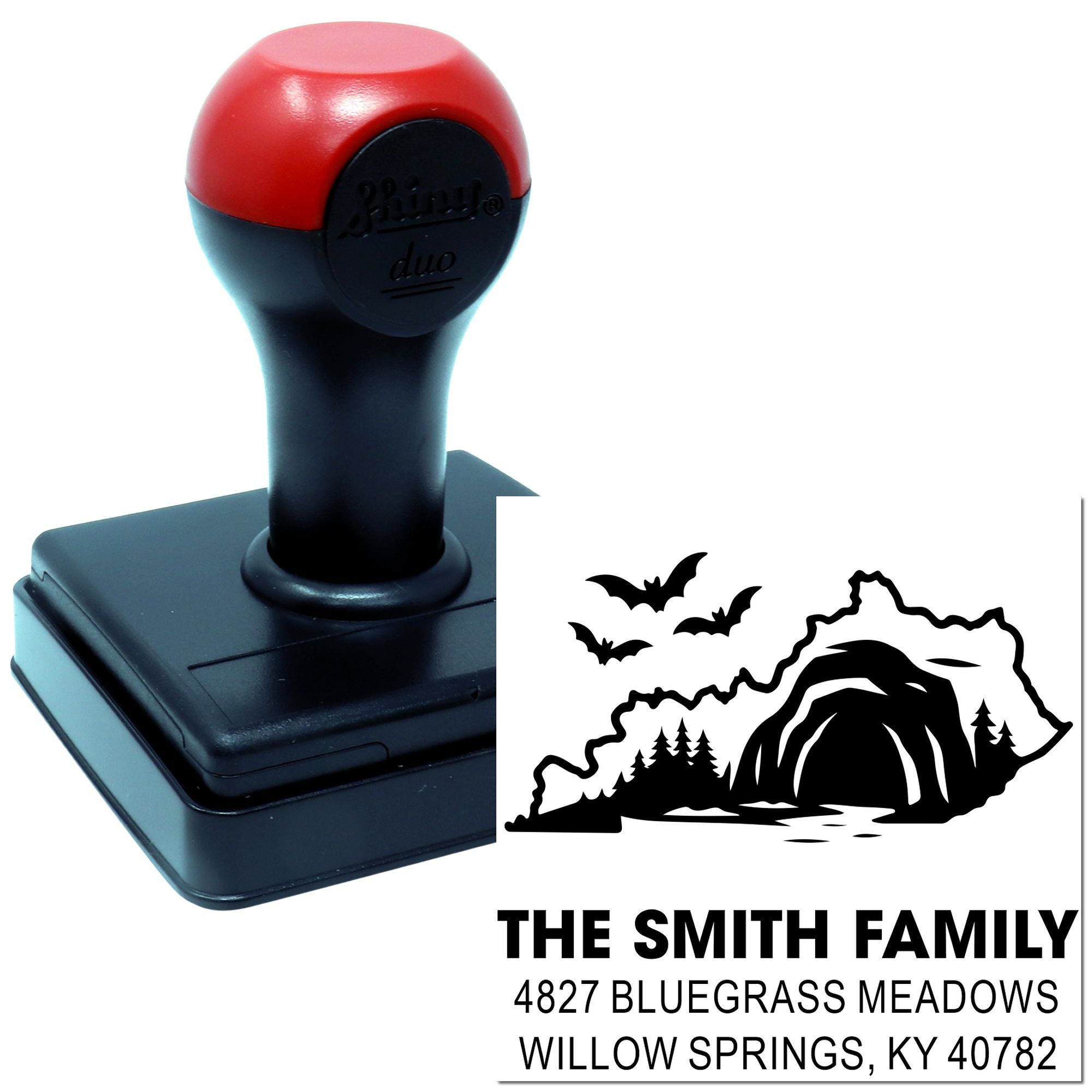 Custom rubber address stamp with cave and bats design for The Smith Family mailing address.