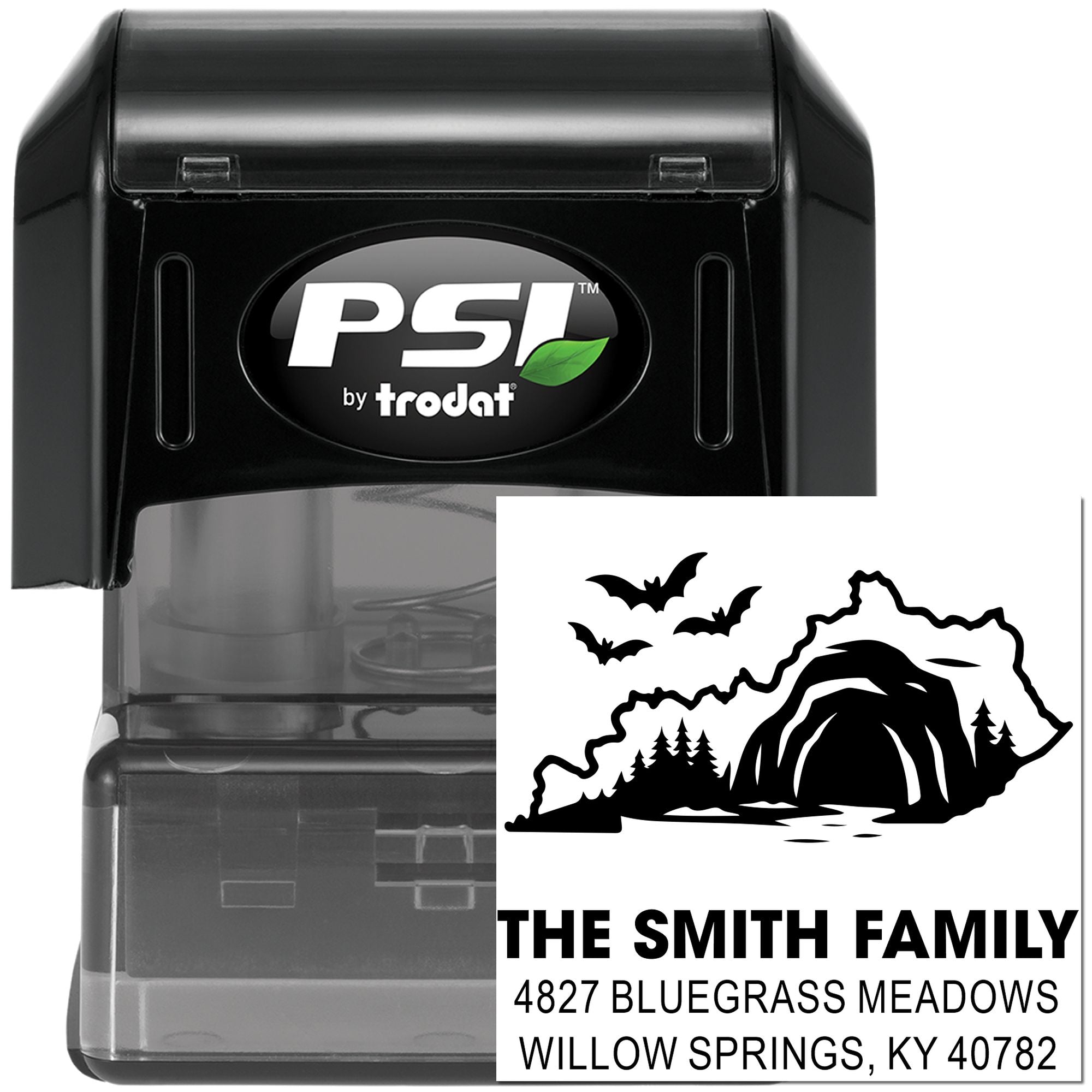 PSI by Trodat custom self-inking rubber address stamp for return mail, with family name and cave scene design.