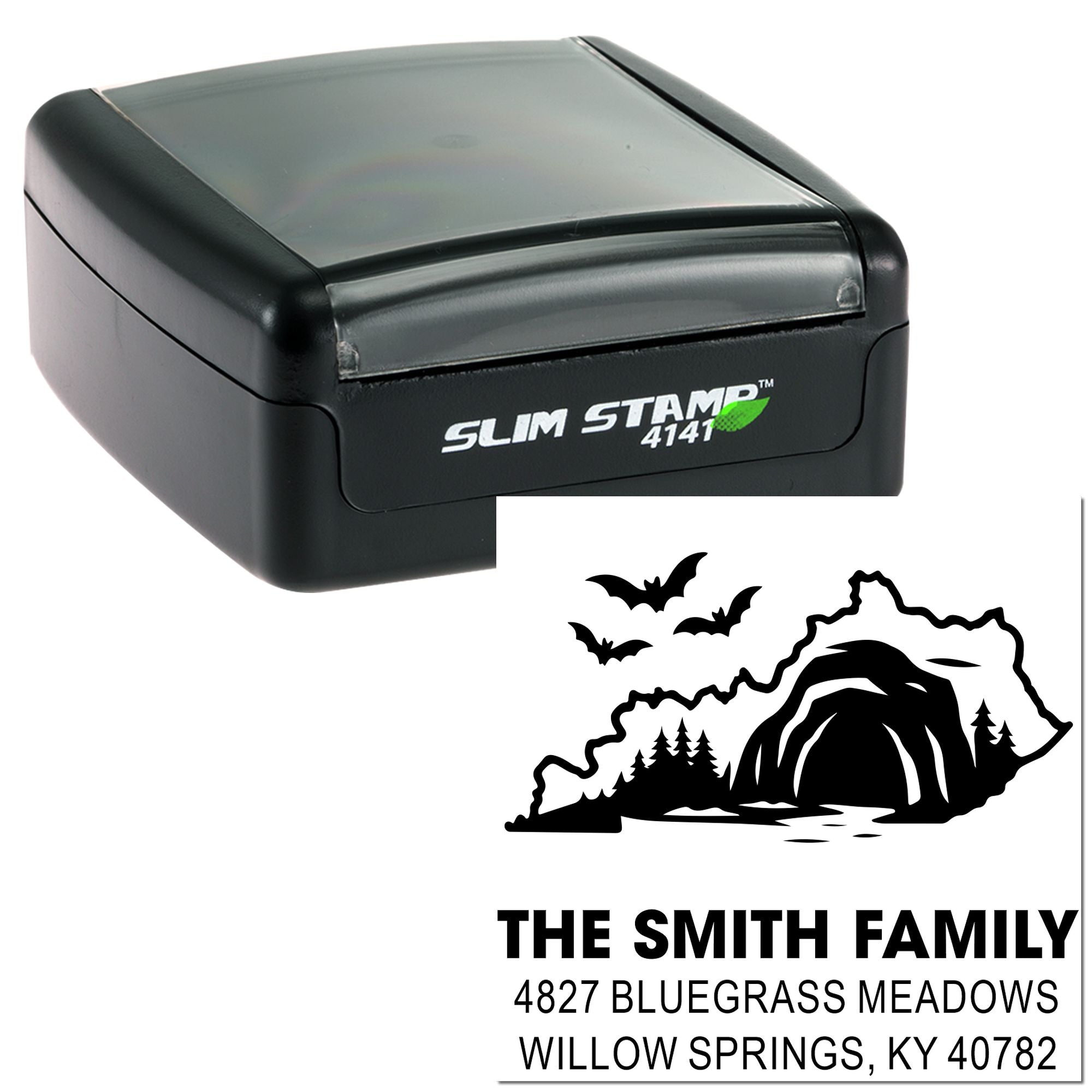 Personalized Slim Stamp 4141 return address rubber stamp with Kentucky cave design for The Smith Family.