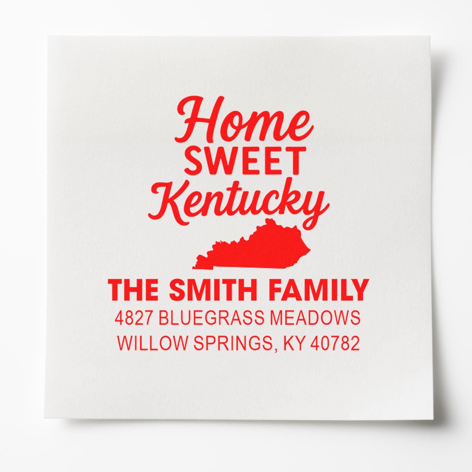 Custom Home Sweet Kentucky address rubber stamp for The Smith Family, featuring Kentucky state silhouette and return address.
