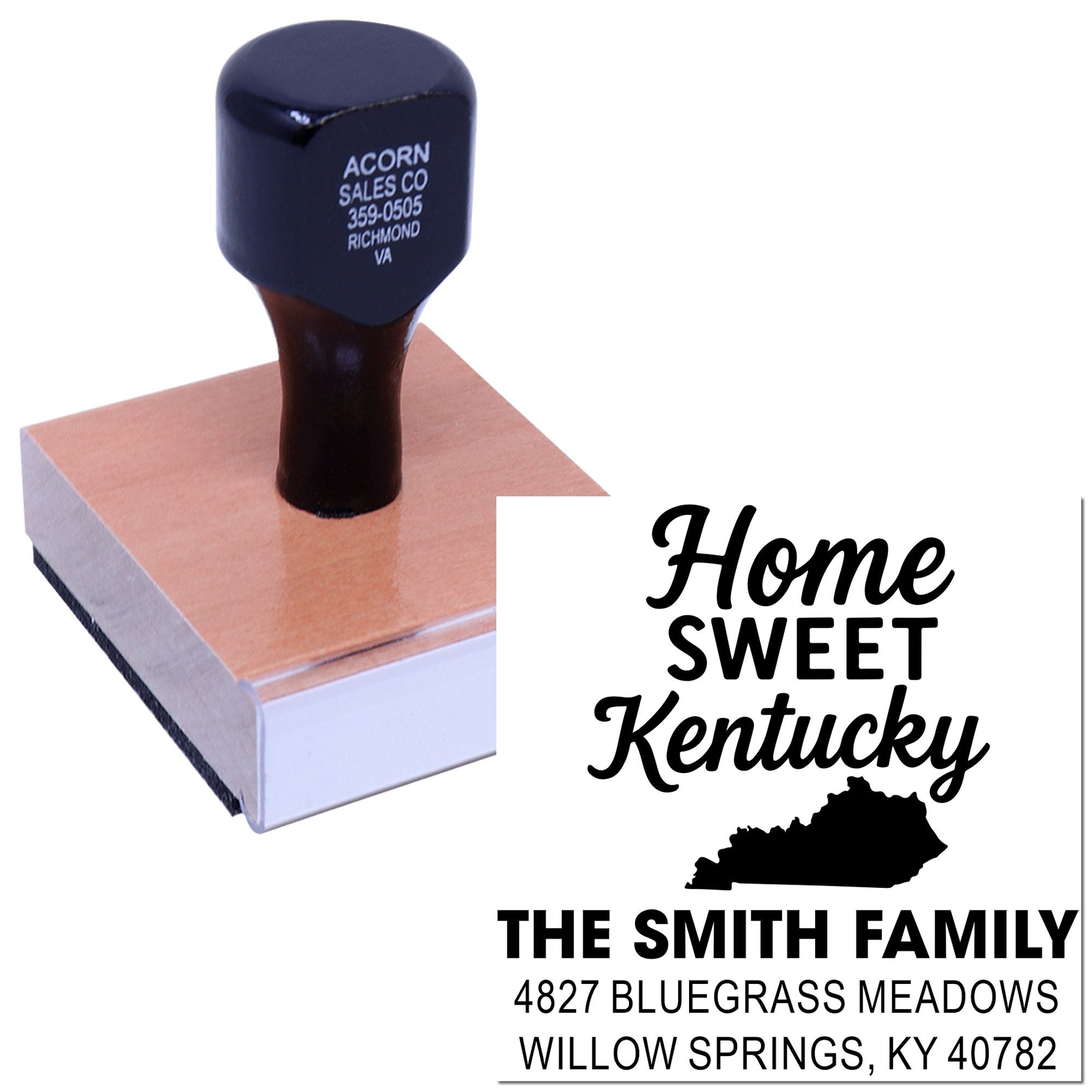 Custom rubber stamp showing Home Sweet Kentucky with family name and address imprint for personalized home mailings