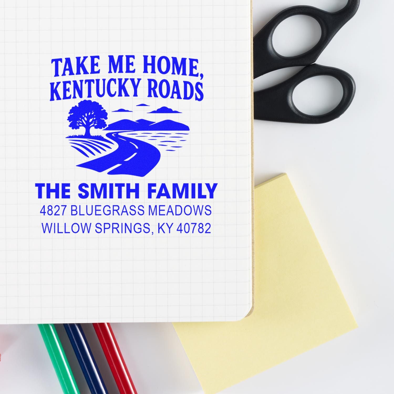 Custom Kentucky return address rubber stamp featuring Take Me Home, Kentucky Roads and the Smith family address design