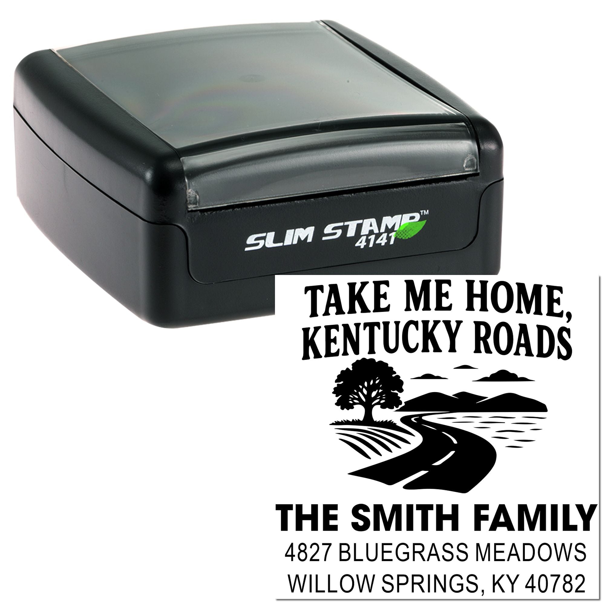 Custom Slim Stamp 4141 rubber stamp with Kentucky Roads design, personalized return address stamp for The Smith Family.