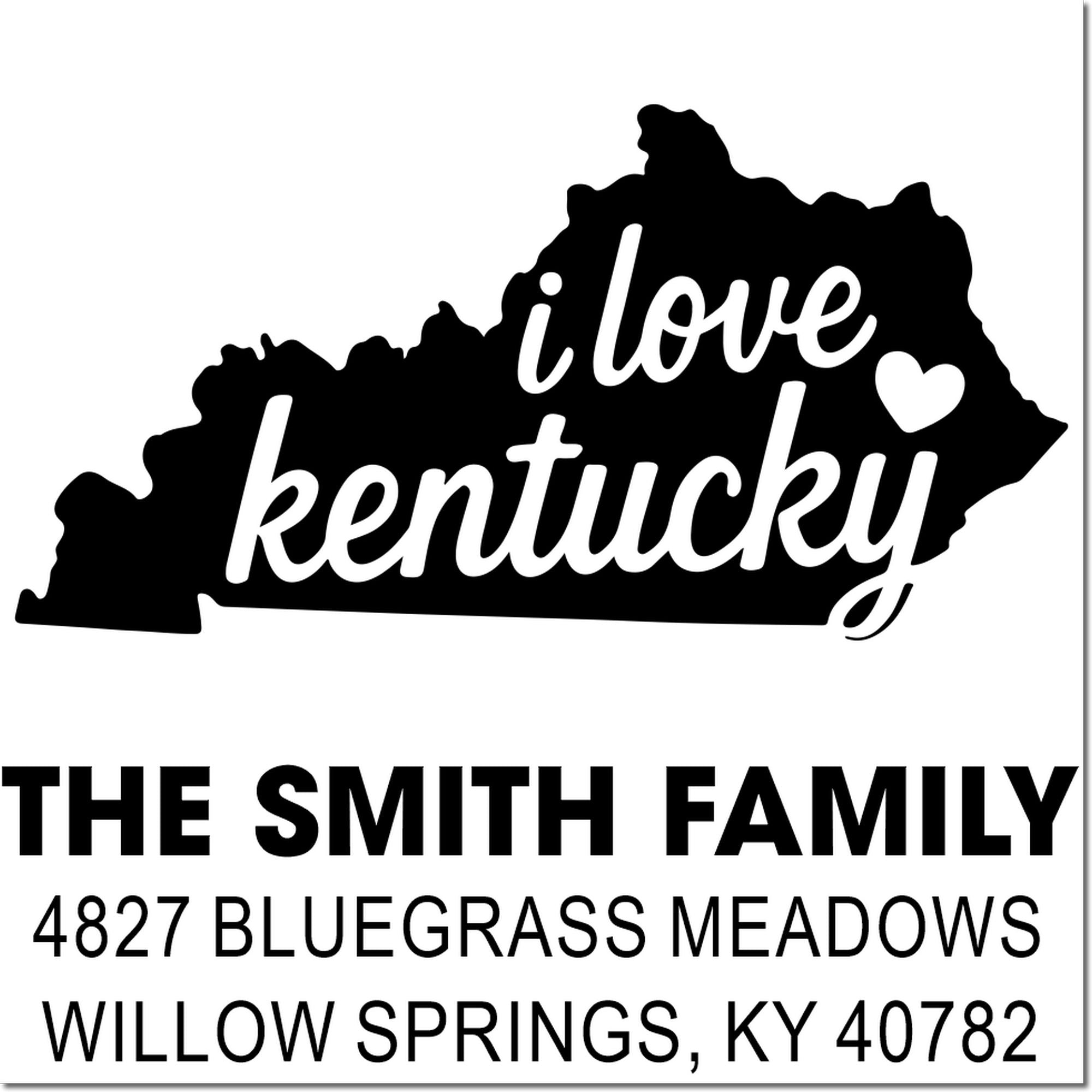 Personalized Kentucky return address rubber stamp with I love Kentucky design for The Smith Family, Willow Springs, KY 40782