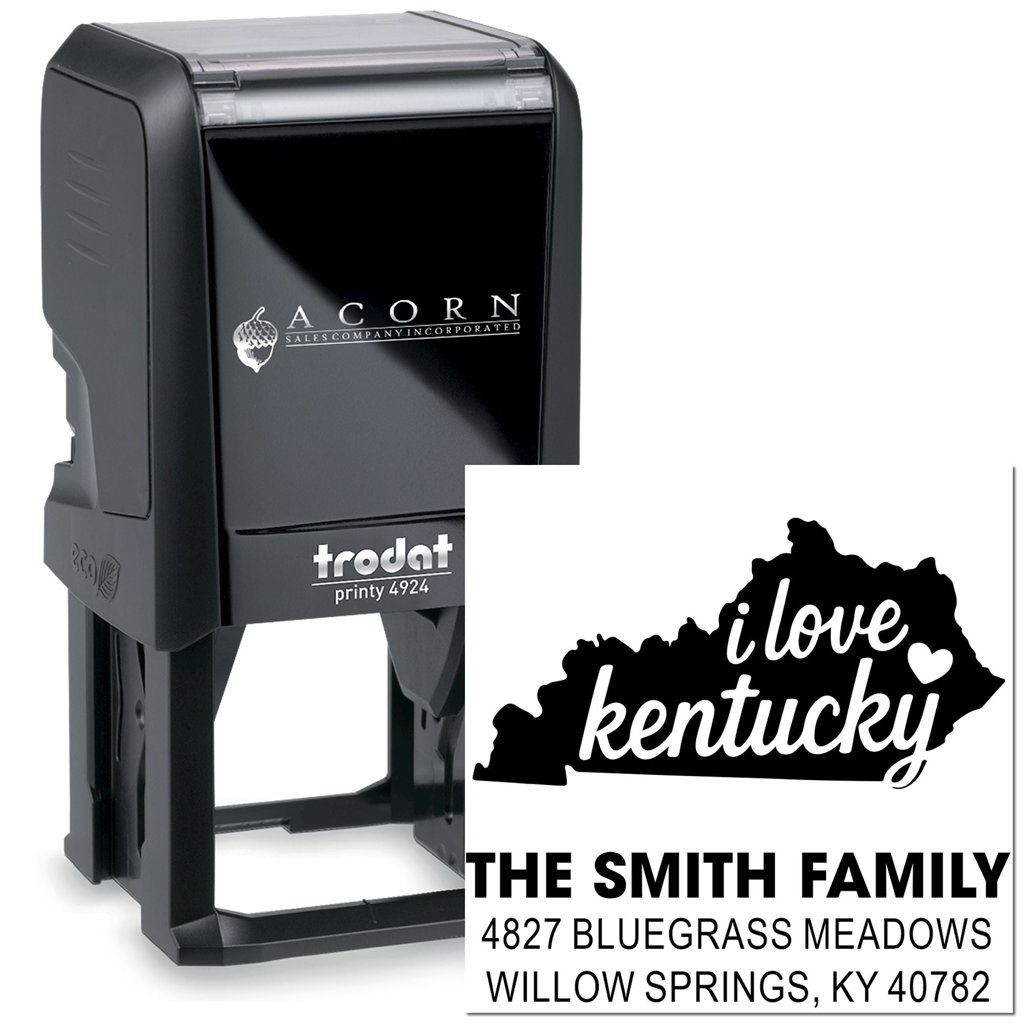 Custom self-inking rubber address stamp with Kentucky I love Kentucky design for The Smith Family.