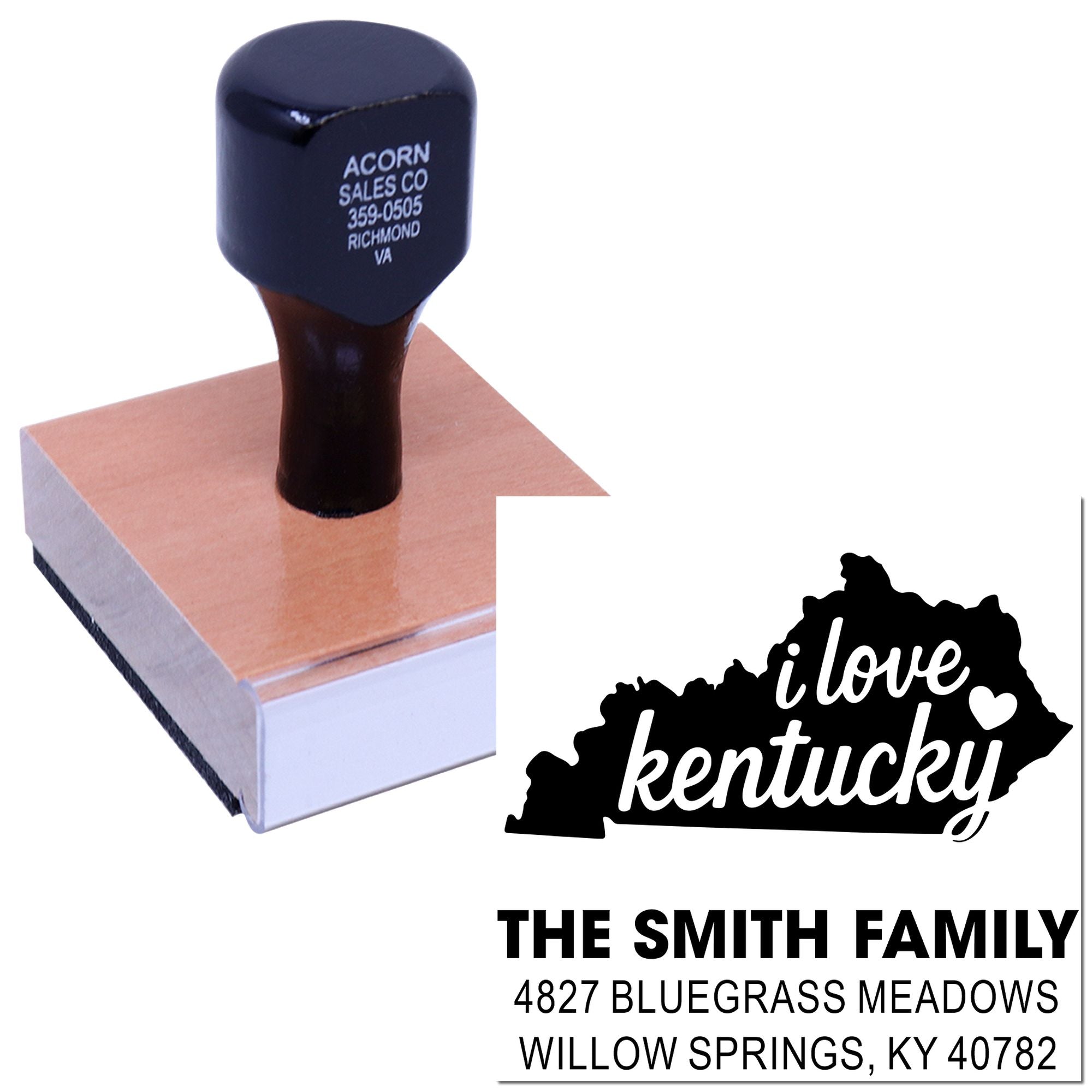 Custom Kentucky address rubber stamp with I love Kentucky state design and family mailing address.
