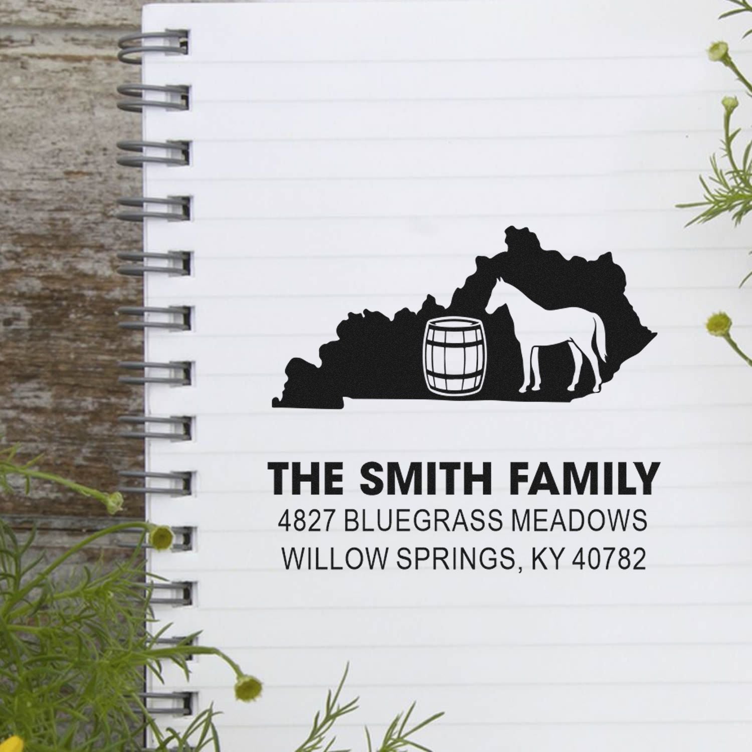 Personalized family return address rubber stamp with Kentucky horse and bourbon barrel design for The Smith Family.