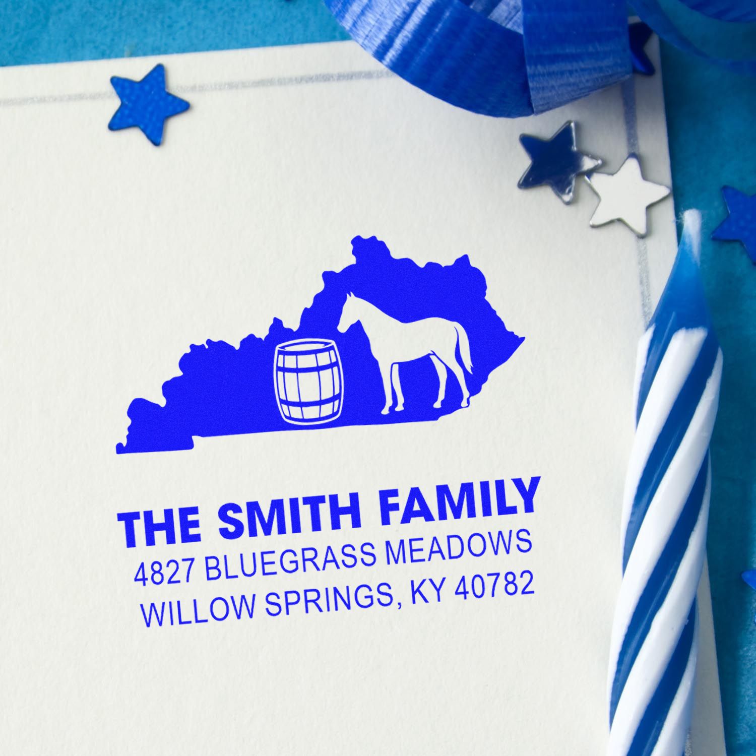 Custom Kentucky address rubber stamp with horse and bourbon barrel, personalized for The Smith Family in Willow Springs, KY.