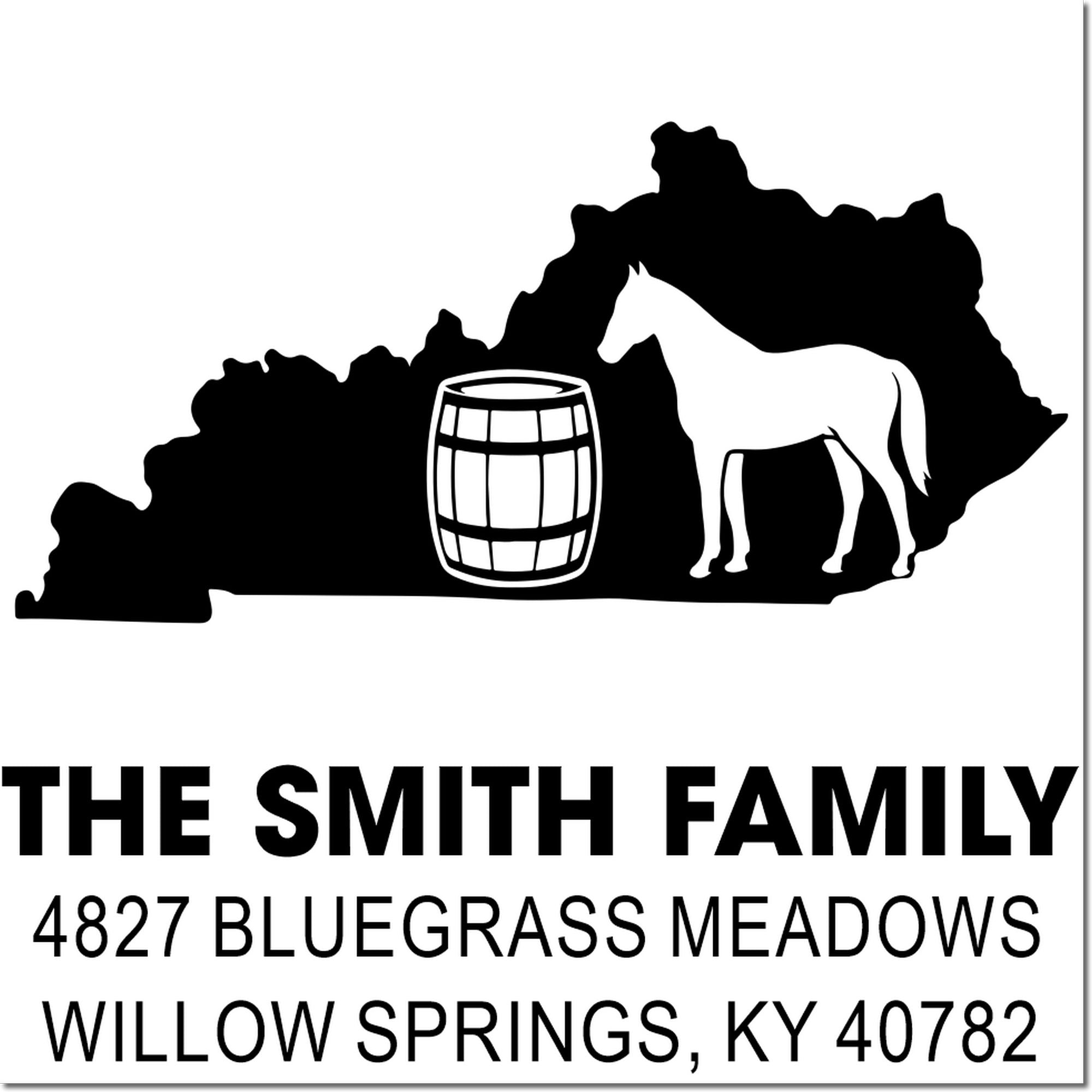 Custom Kentucky horse family return address rubber stamp with horse, barrel, and The Smith Family, Willow Springs, KY 40782.