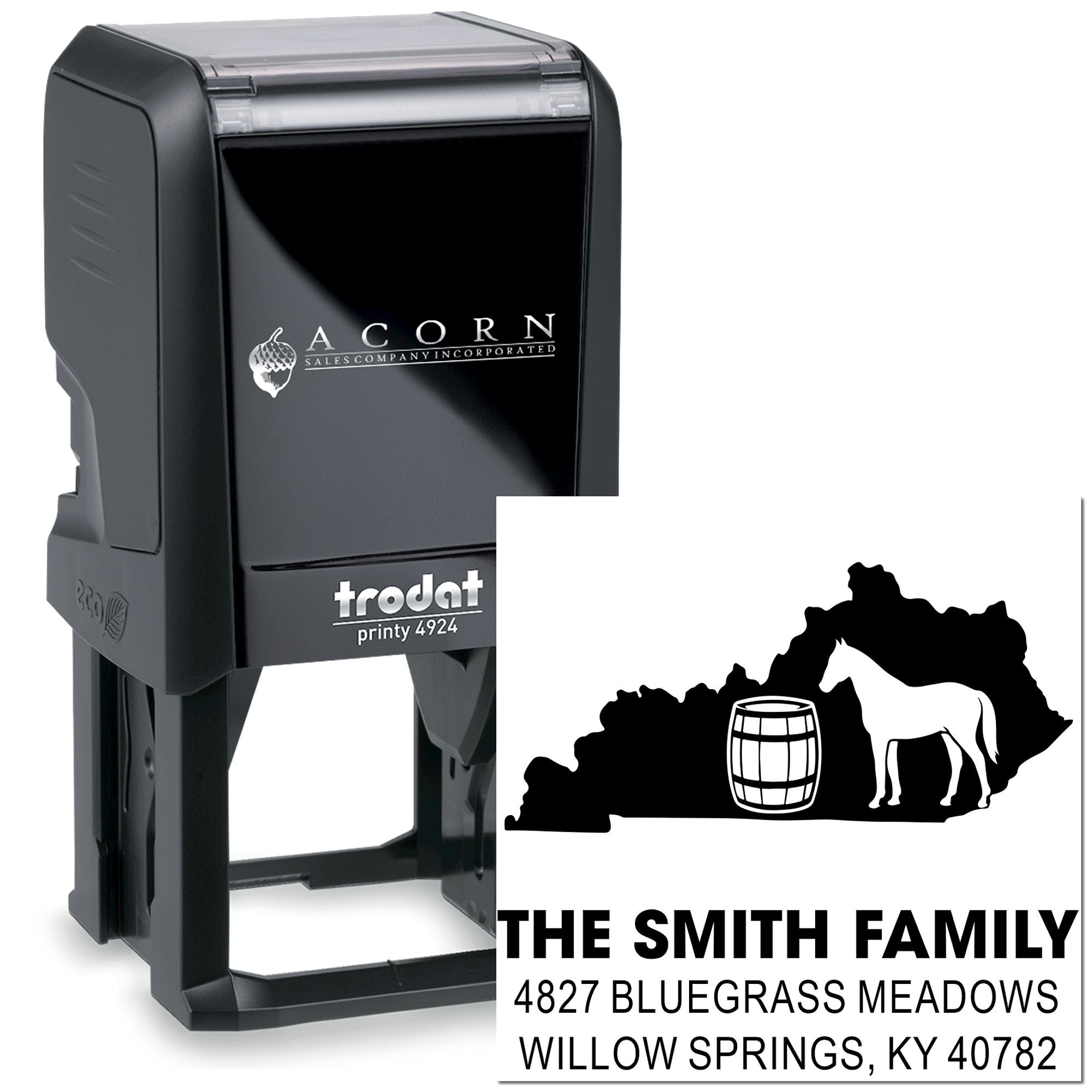 Custom self-inking address rubber stamp with horse and barrel logo, personalized for The Smith Family mailing labels.