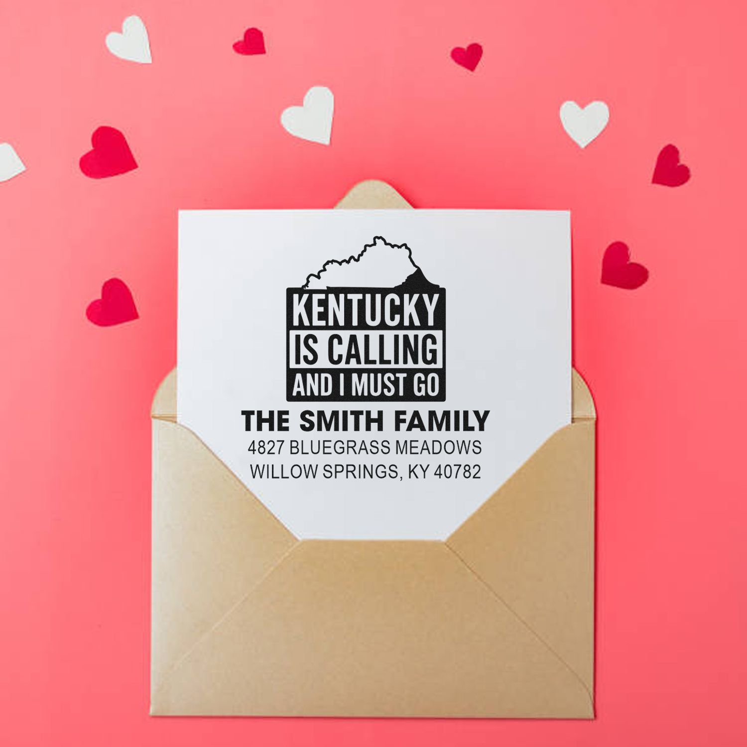 Kentucky is Calling and I Must Go custom rubber address stamp for personalized family envelopes and moving announcements.