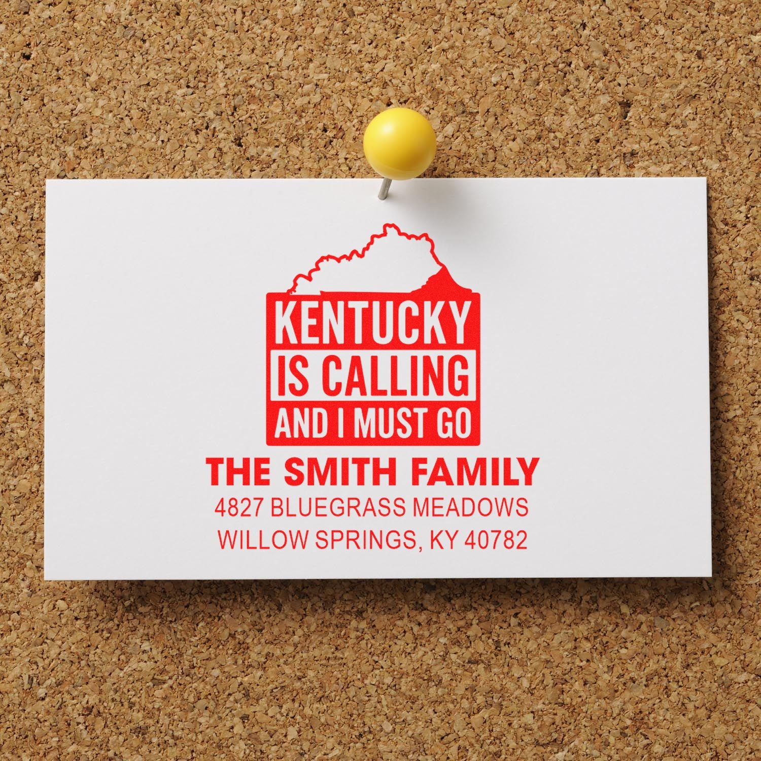 Custom Kentucky return address rubber stamp with family name and address, featuring Kentucky Is Calling and I Must Go design.