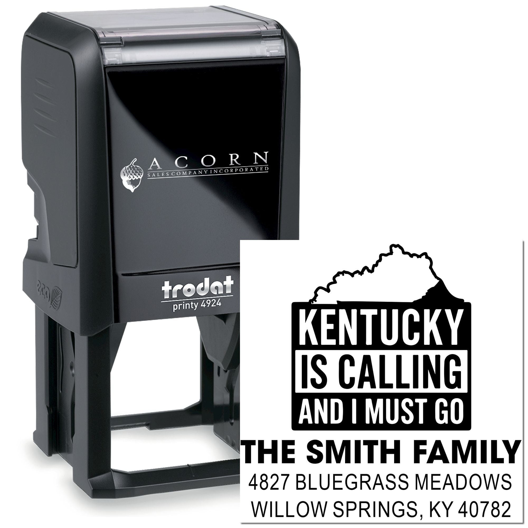Custom Kentucky self-inking rubber stamp with family name and return address for personalized mailings.