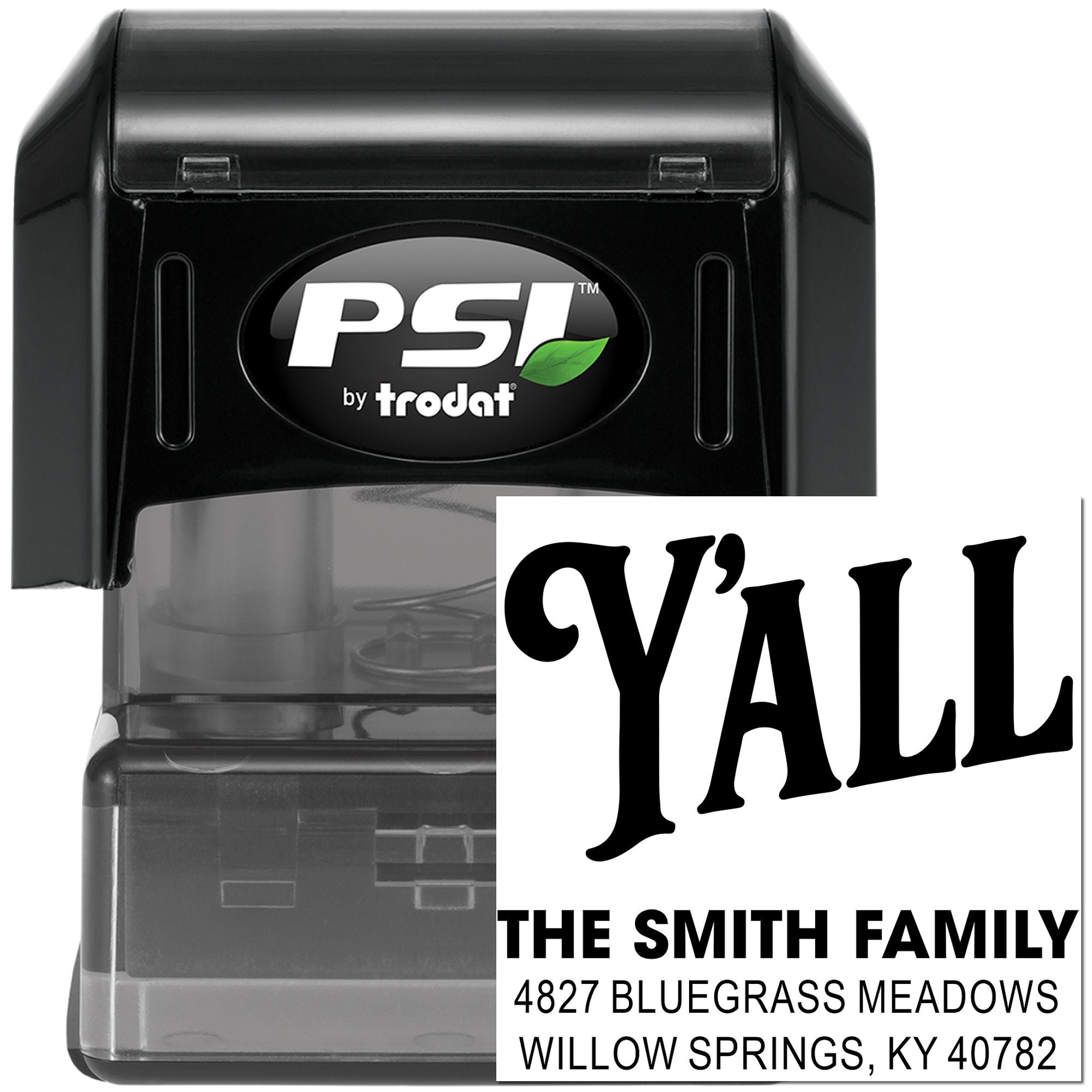 PSI by Trodat custom self-inking address rubber stamp with Yall Smith family return address imprint.