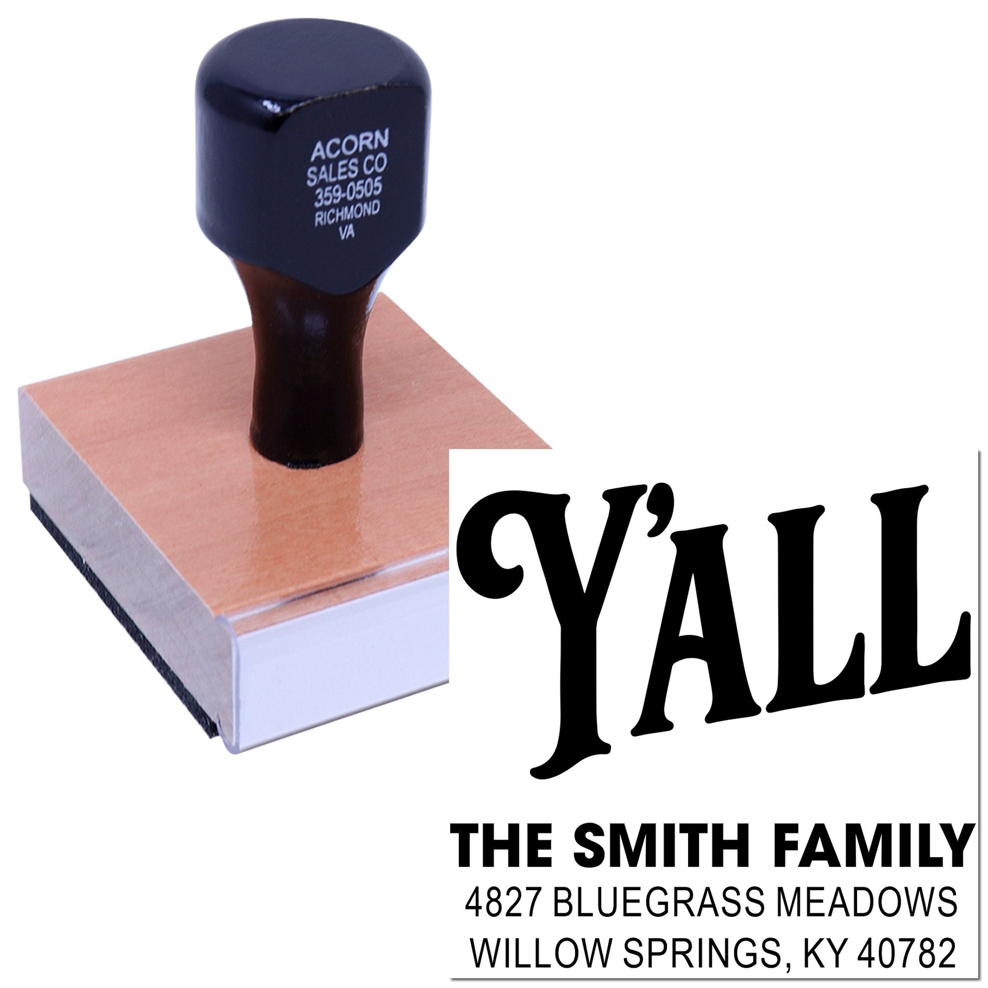 Personalized self-inking return address rubber stamp for The Smith Family with Yall design.
