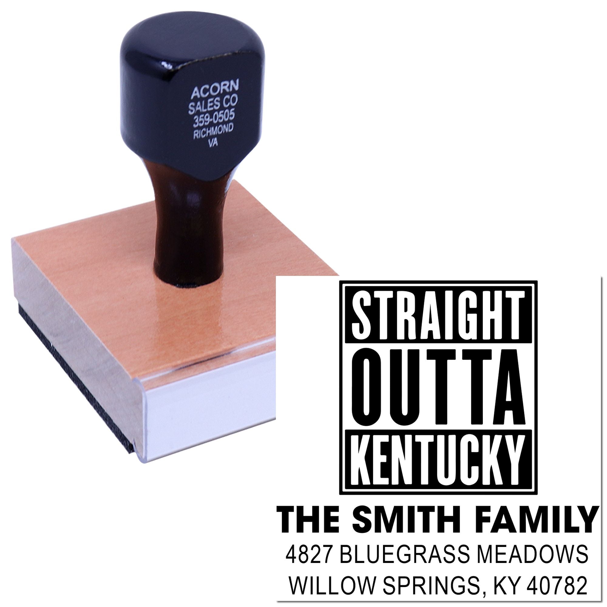 Custom rubber stamp with Straight Outta Kentucky design for personalized family name and address imprint.