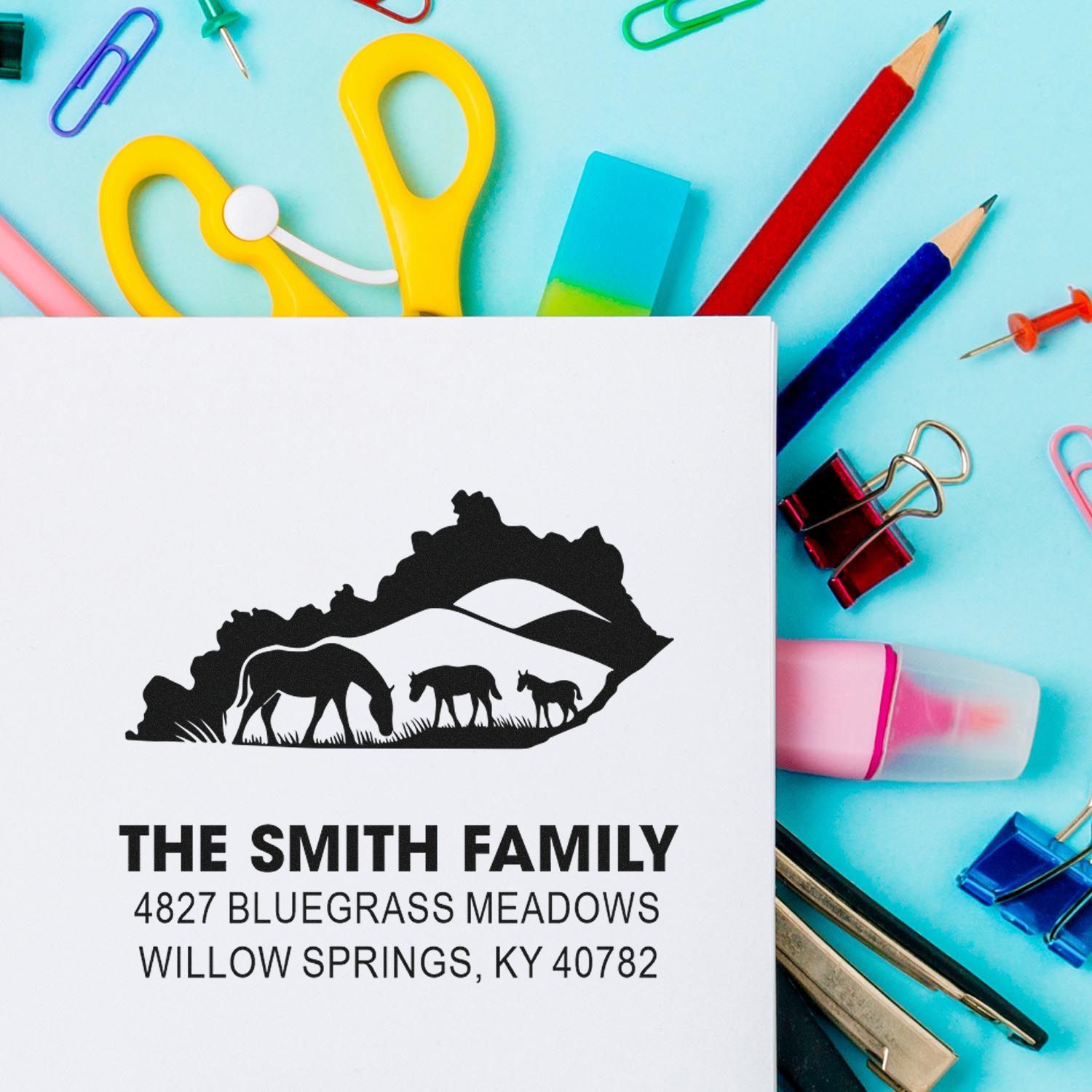 Personalized custom rubber return address stamp for The Smith Family with horse silhouette for stationery and mail.