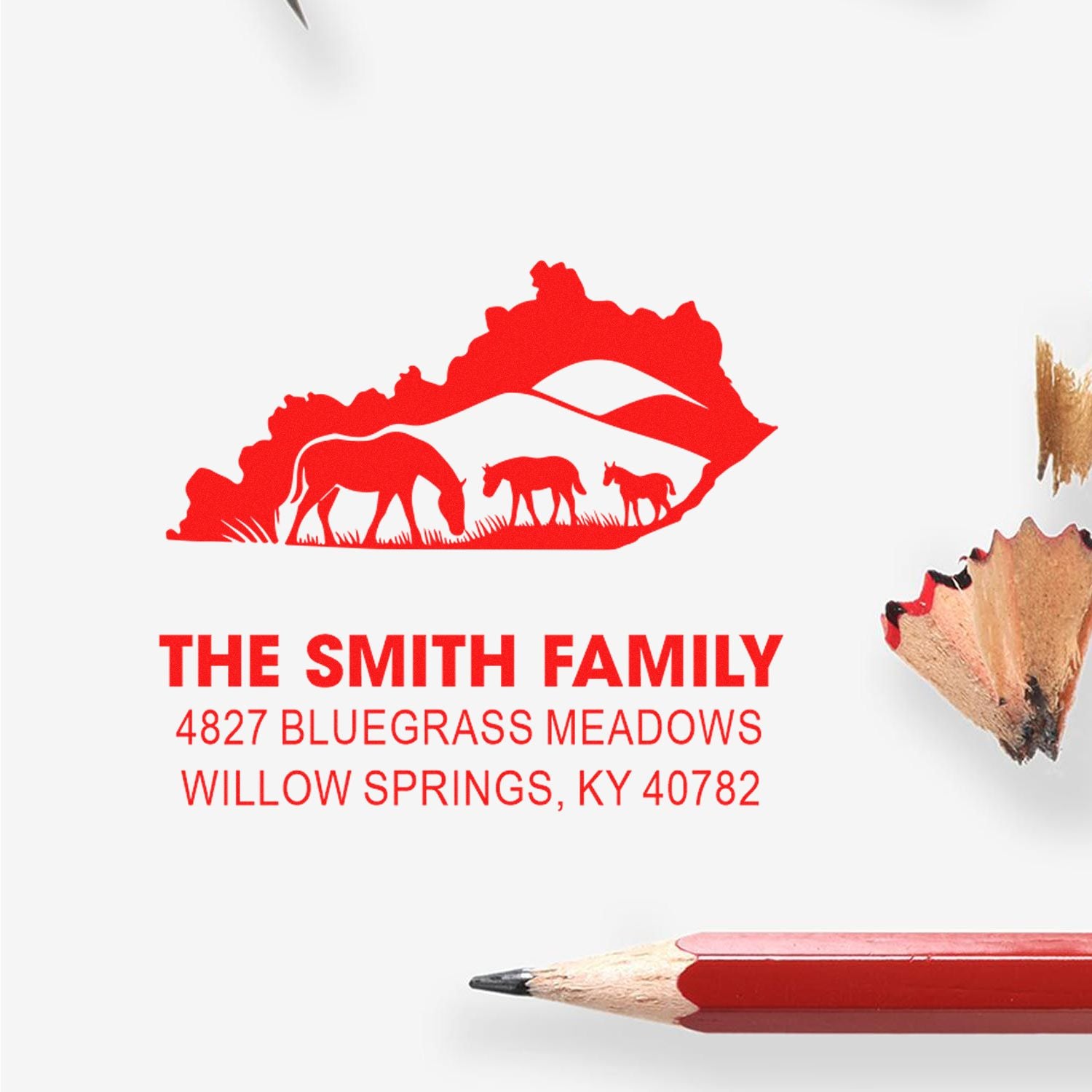 Custom family return address rubber stamp with horse silhouette design and personalized Willow Springs, KY address.
