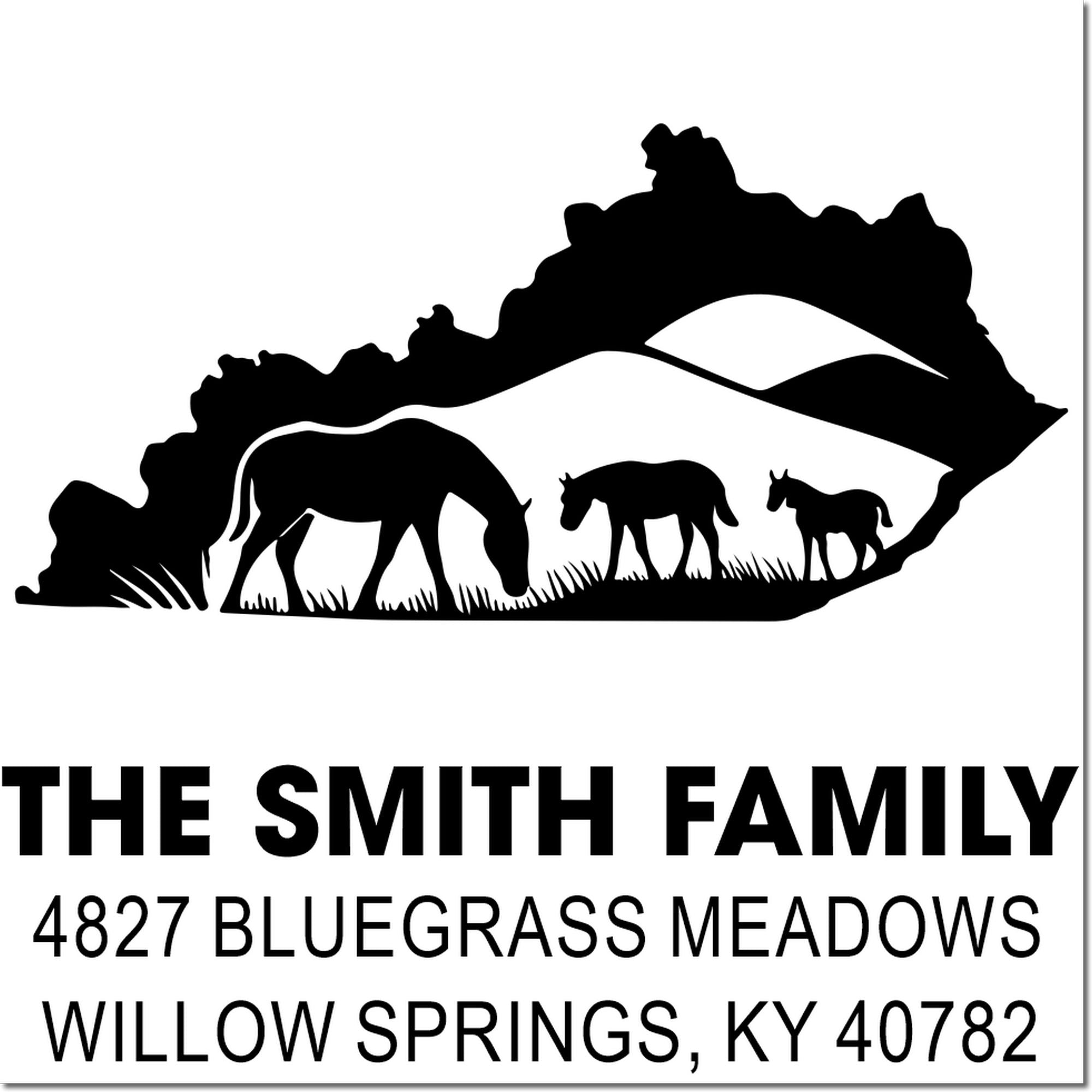 Custom horse family return address rubber stamp with equestrian silhouette for The Smith Family in Willow Springs, KY