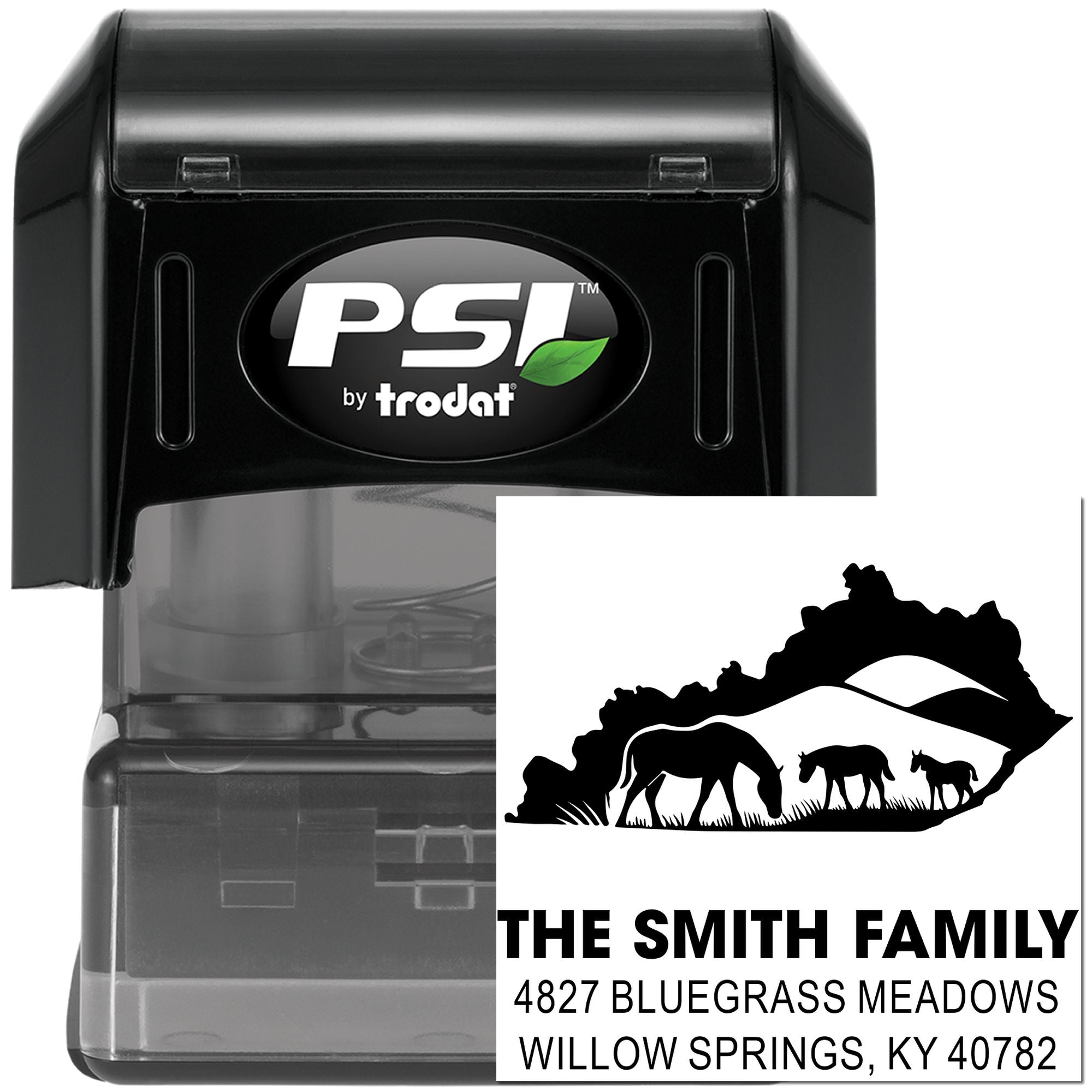 Custom self-inking rubber address stamp with horse silhouette, family name, and mailing address by PSI by Trodat