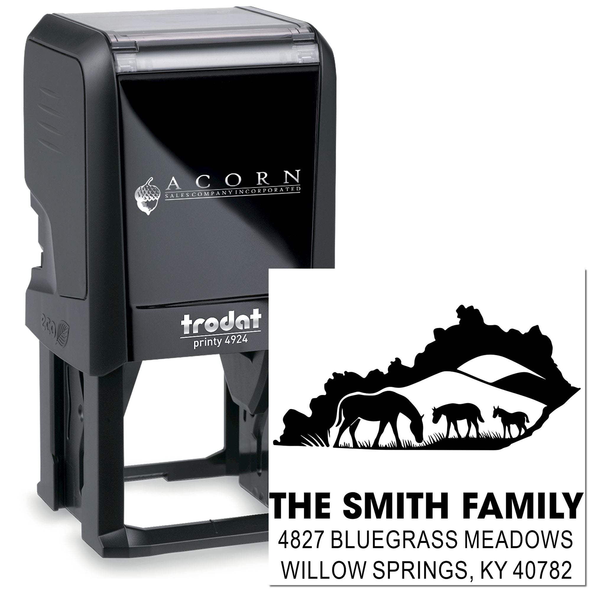 Custom self-inking rubber stamp with horse family address design, ideal for personalized mailing and envelopes.
