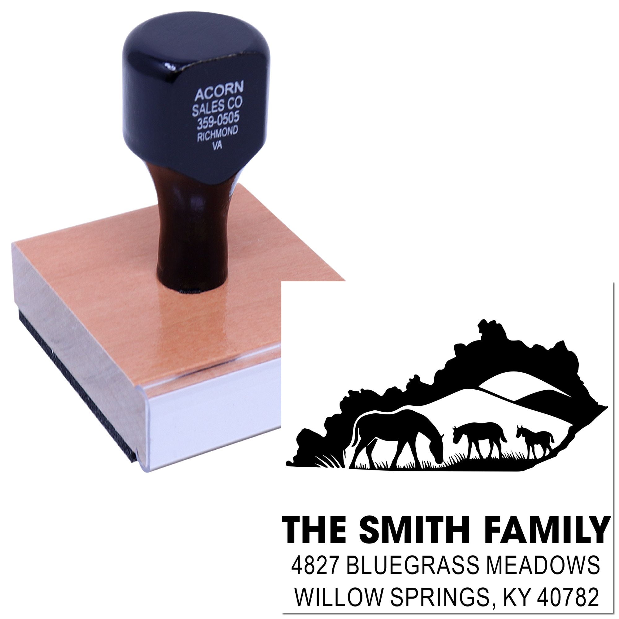 Personalized self-inking rubber stamp with horse farm silhouette and custom family address for mailing.