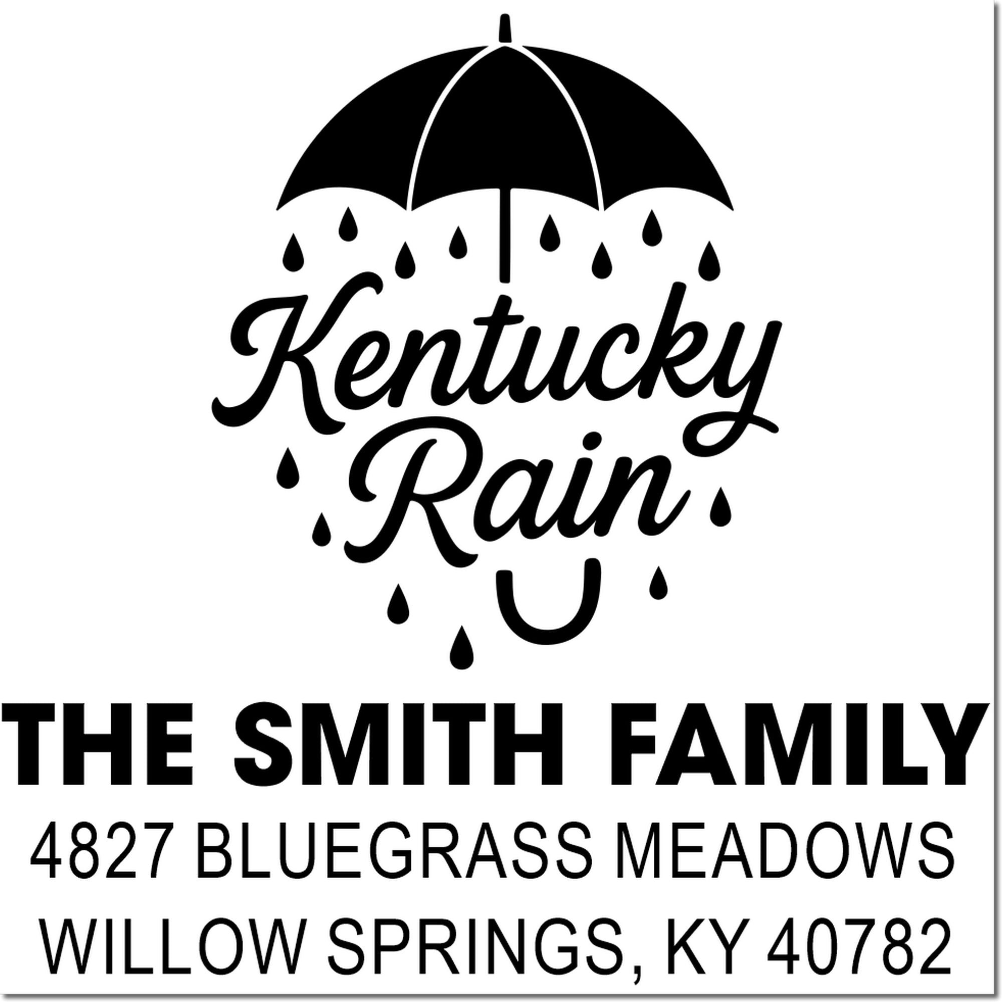 Kentucky Rain custom address rubber stamp with umbrella and raindrops, personalized for The Smith Family return mail.