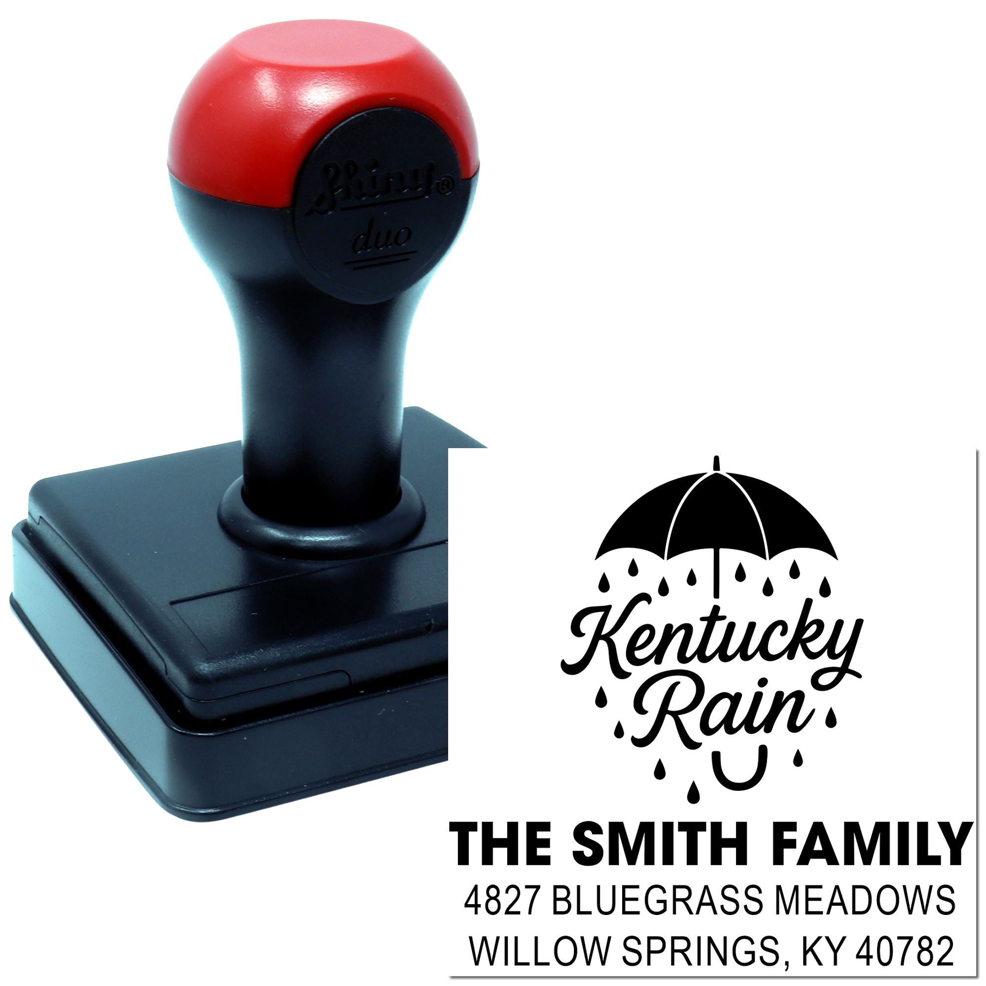 Custom self-inking rubber stamp with Kentucky Rain umbrella design and Smith family address imprint.
