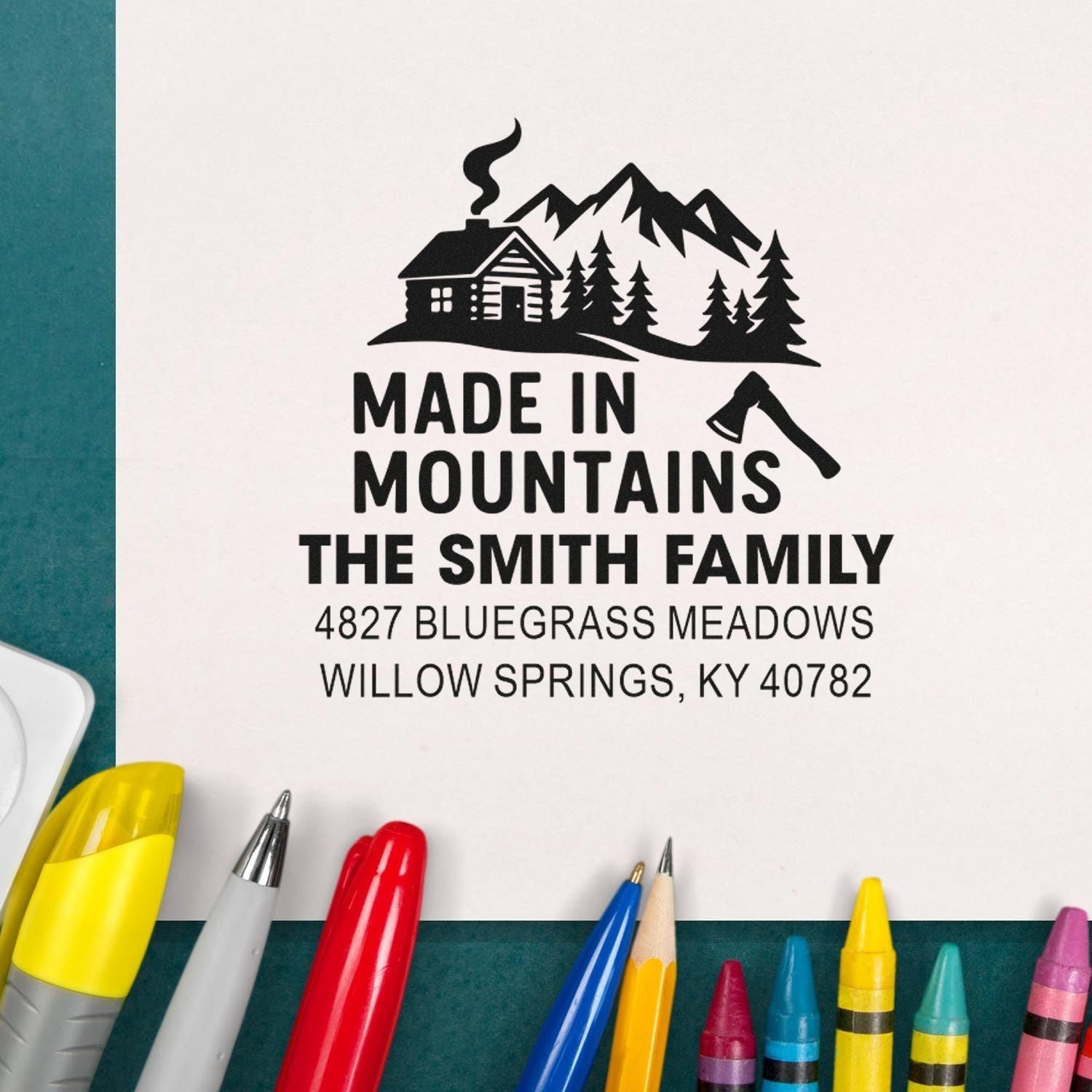 Custom mountain cabin return address rubber stamp for the Smith family, perfect for personalized mailings.