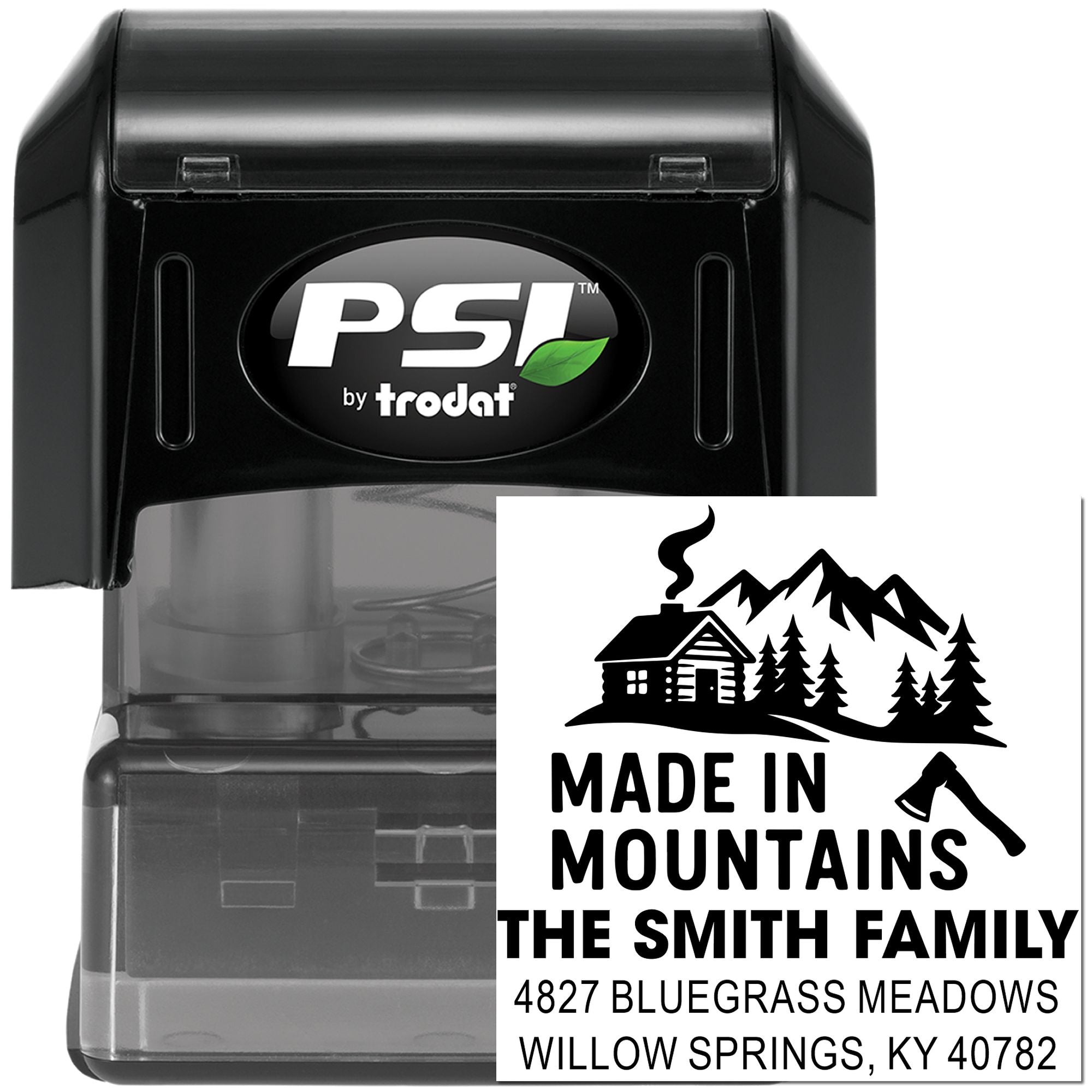 Custom self-inking rubber address stamp by PSI by Trodat with mountain cabin design for personalized return mail imprint.
