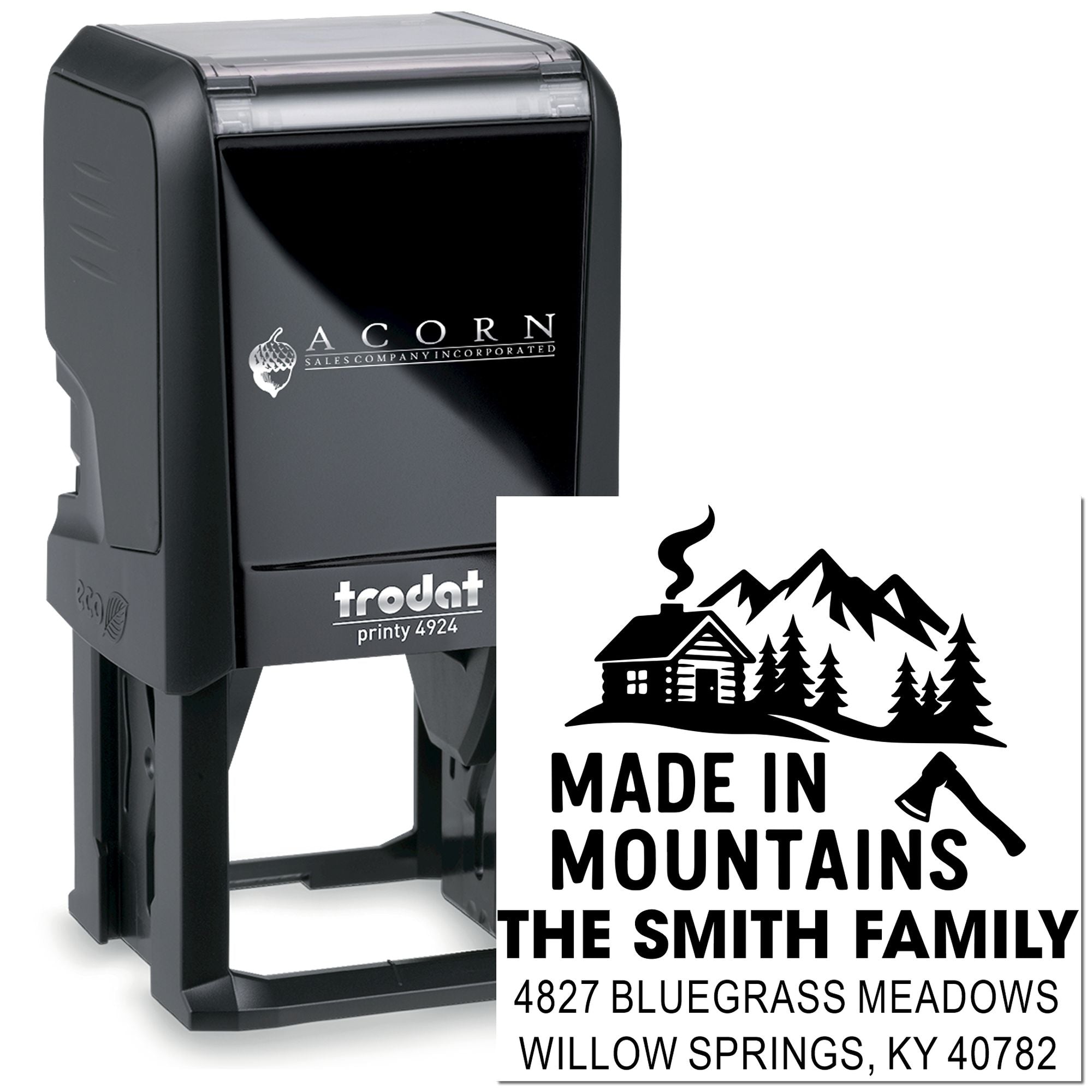 Custom self-inking rubber stamp for the Smith family with mountain cabin design and address, Trodat Printy 4924.
