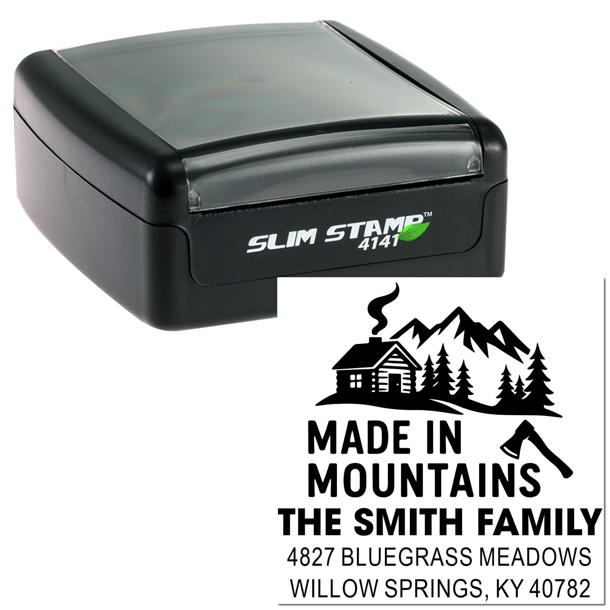 Custom self-inking rubber stamp with mountain cabin logo and return address for The Smith Family, Willow Springs, KY.