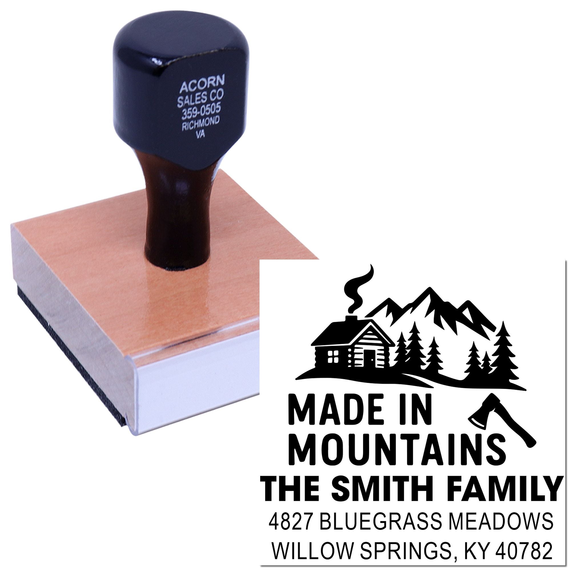 Custom rubber address stamp with Made in Mountains cabin logo and family name for personalized mailings