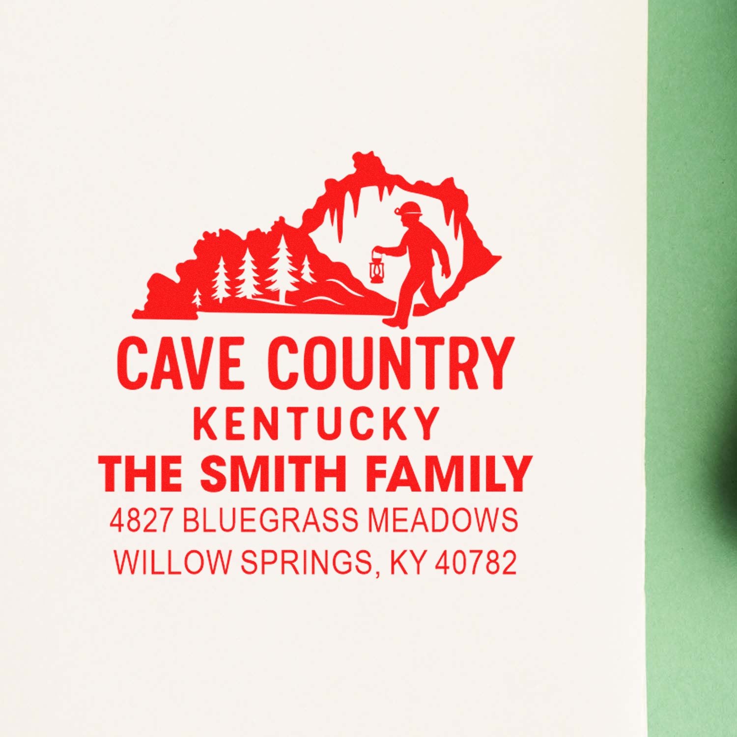 Custom rubber return address stamp for The Smith Family, Cave Country Kentucky, with Willow Springs Bluegrass Meadows address.