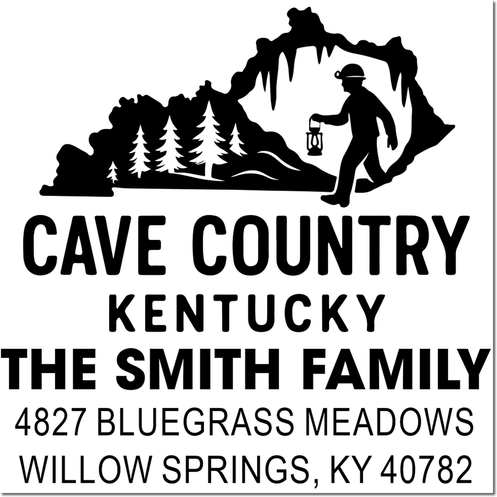 Custom Cave Country Kentucky return address rubber stamp for The Smith Family, 4827 Bluegrass Meadows, Willow Springs, KY 40782