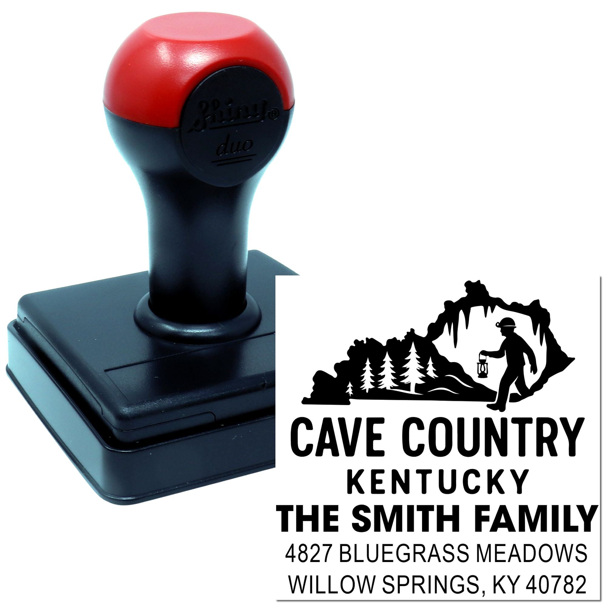 Custom self-inking rubber address stamp for Cave Country Kentucky, featuring The Smith Family return address.