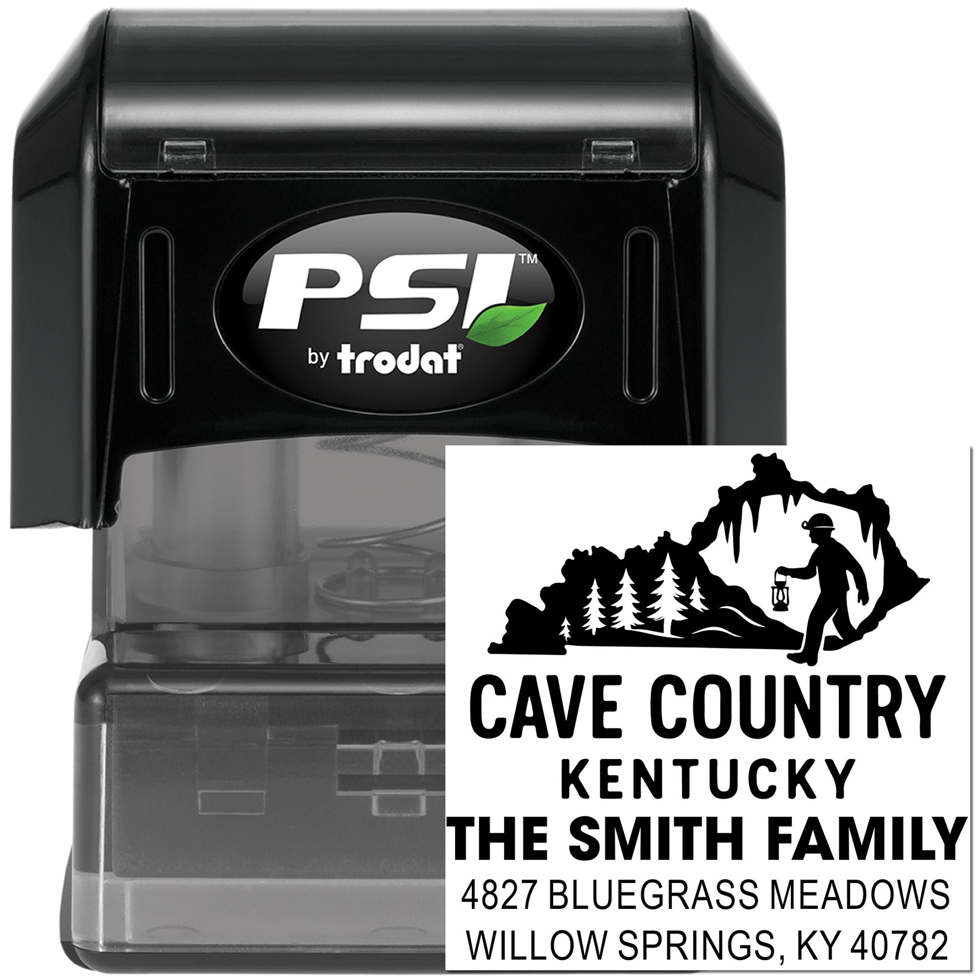 PSI by Trodat self-inking custom address rubber stamp with Cave Country Kentucky family return address imprint