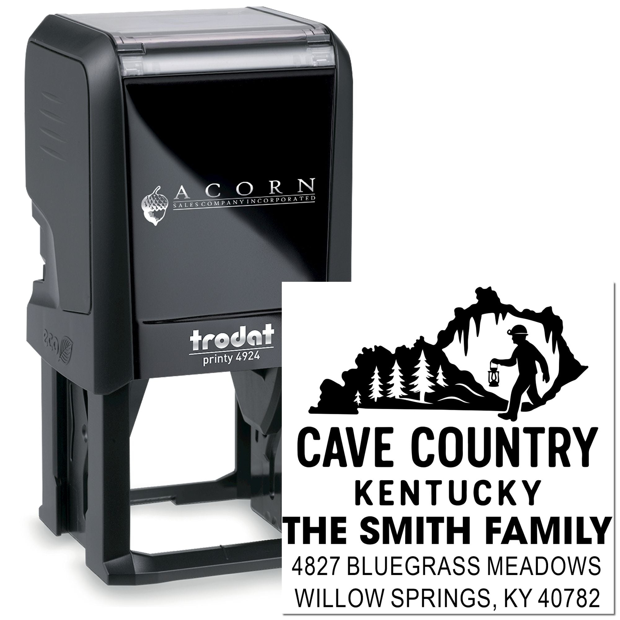 Self-inking custom rubber stamp with Cave Country Kentucky address design for The Smith Family.