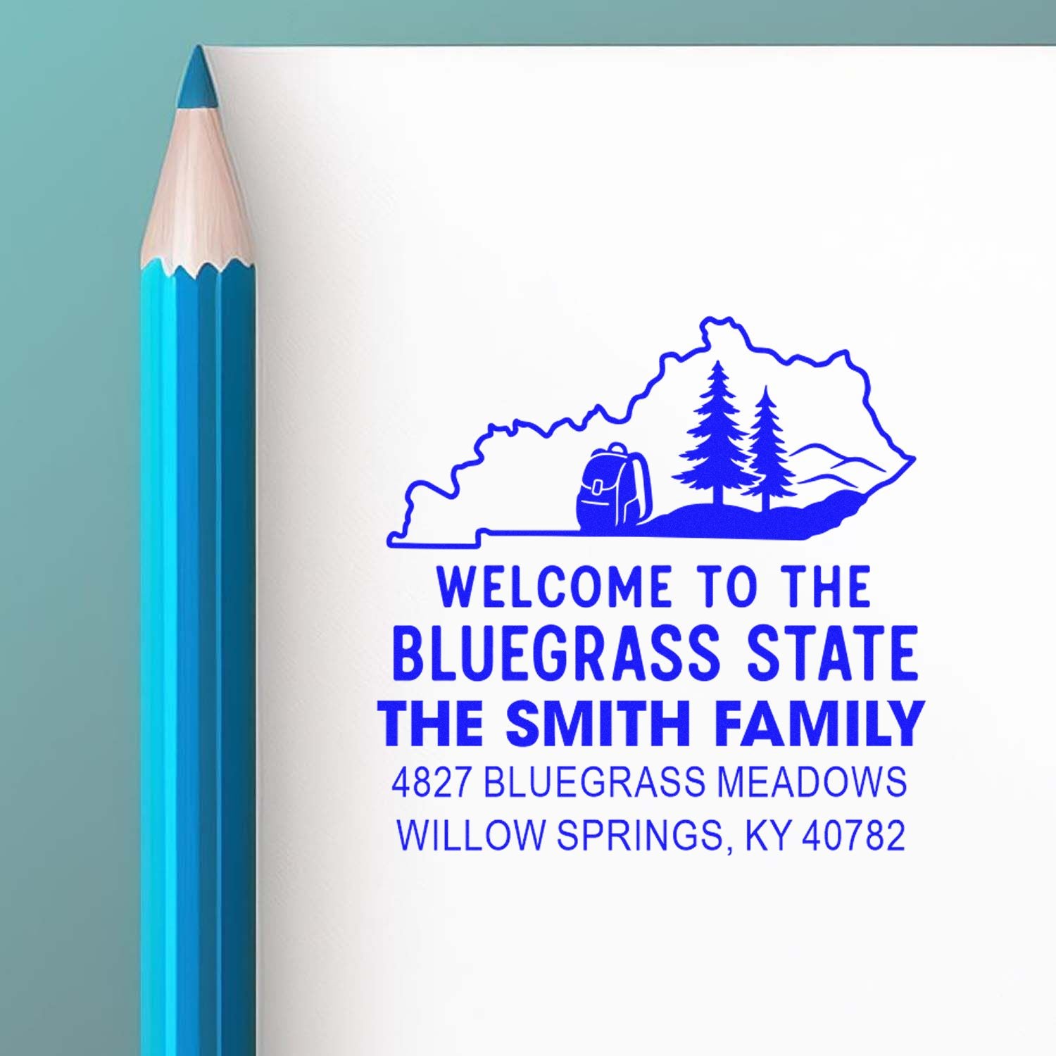 Custom Bluegrass State return address rubber stamp for The Smith Family, featuring a Kentucky-themed home design.