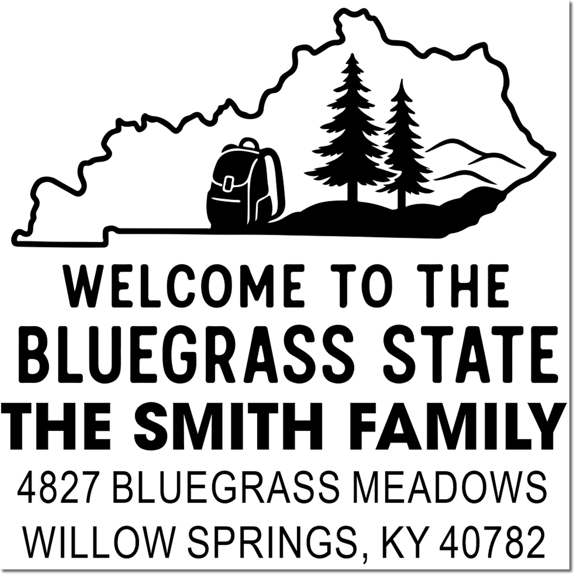 Custom Kentucky return address rubber stamp for the Smith family, featuring Bluegrass State hiking design and Willow Springs, KY address.