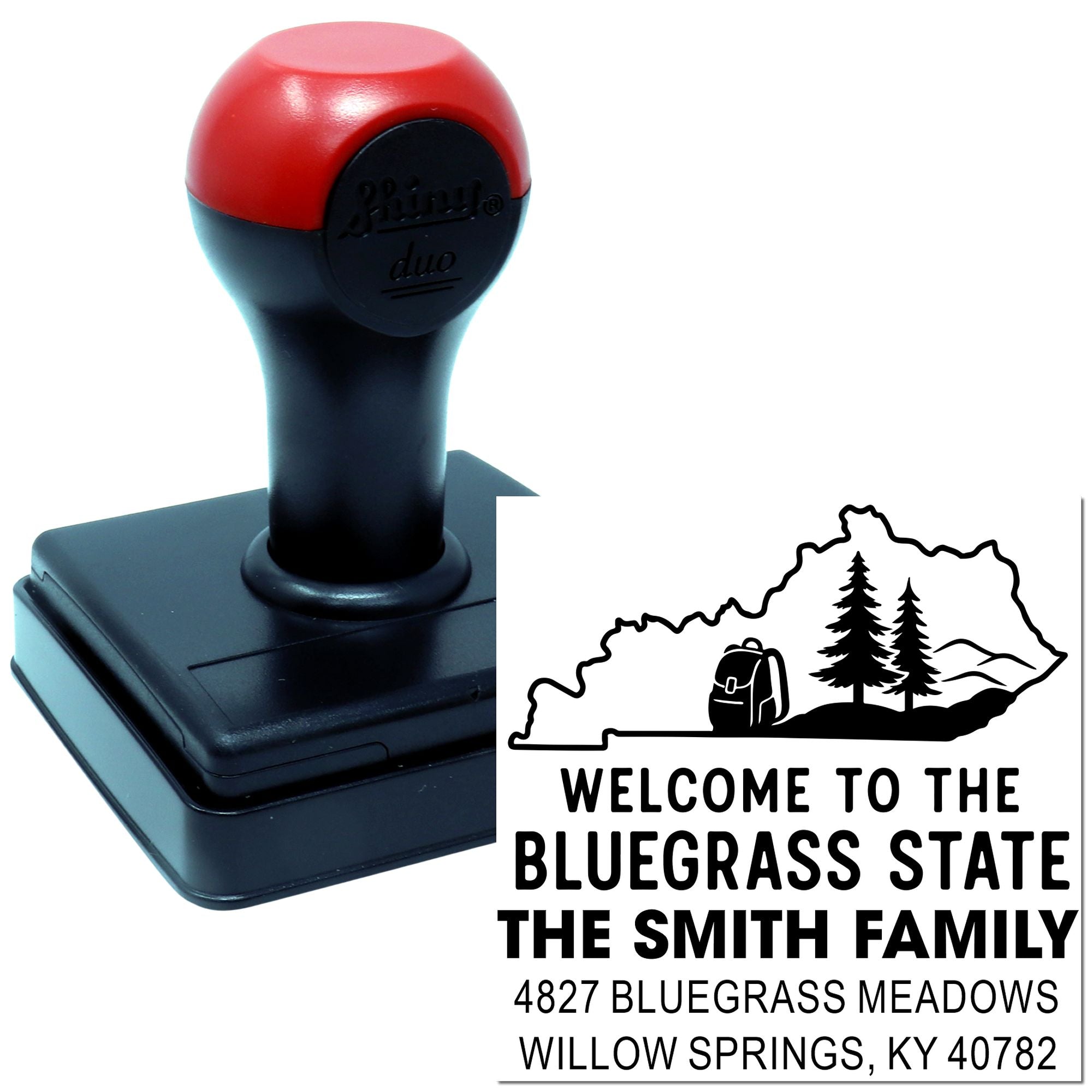 Custom Kentucky self-inking rubber stamp for personalized address labels and Bluegrass State welcome messages.