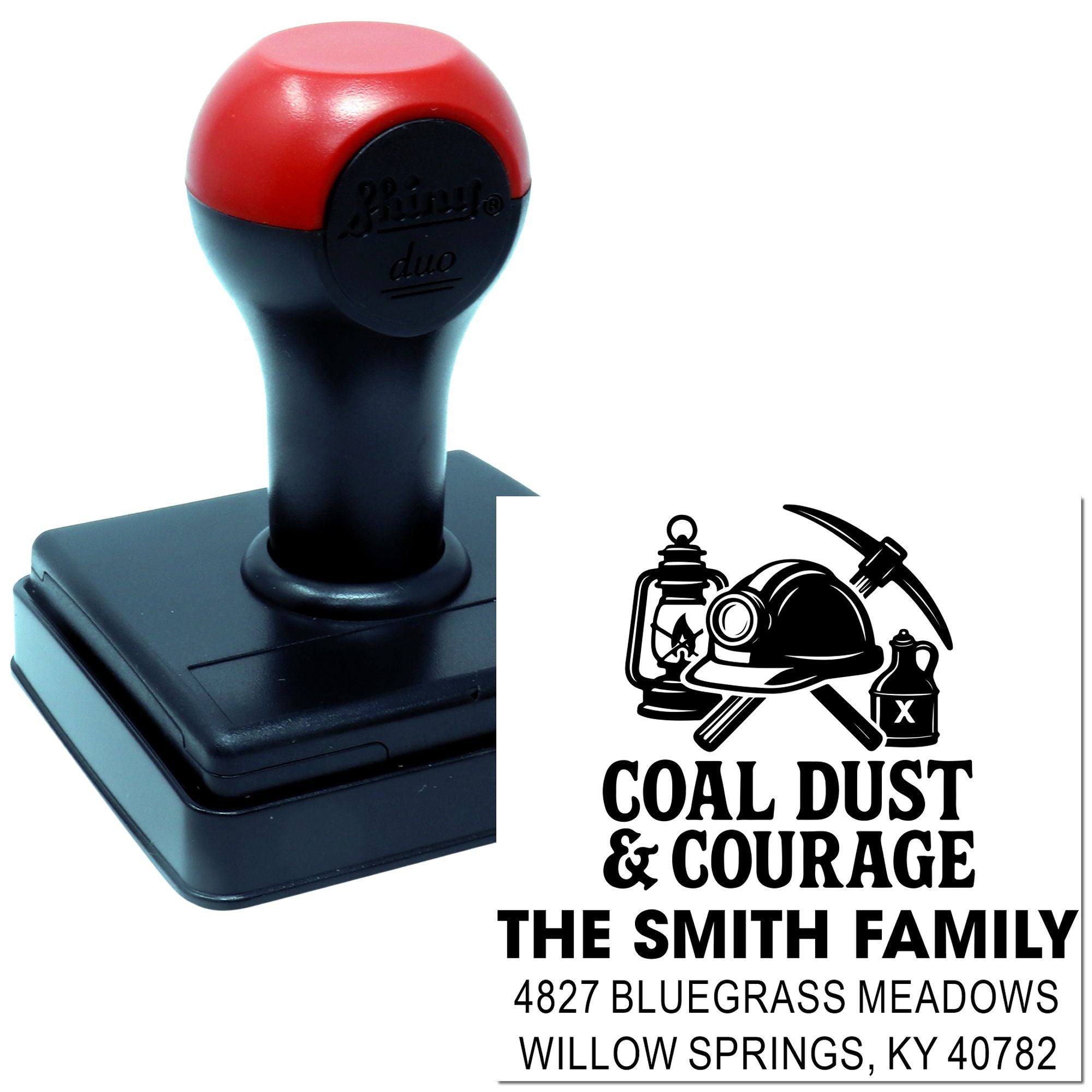 Personalized self-inking return address rubber stamp with Coal Dust & Courage family design for coal miner homes and gifts.